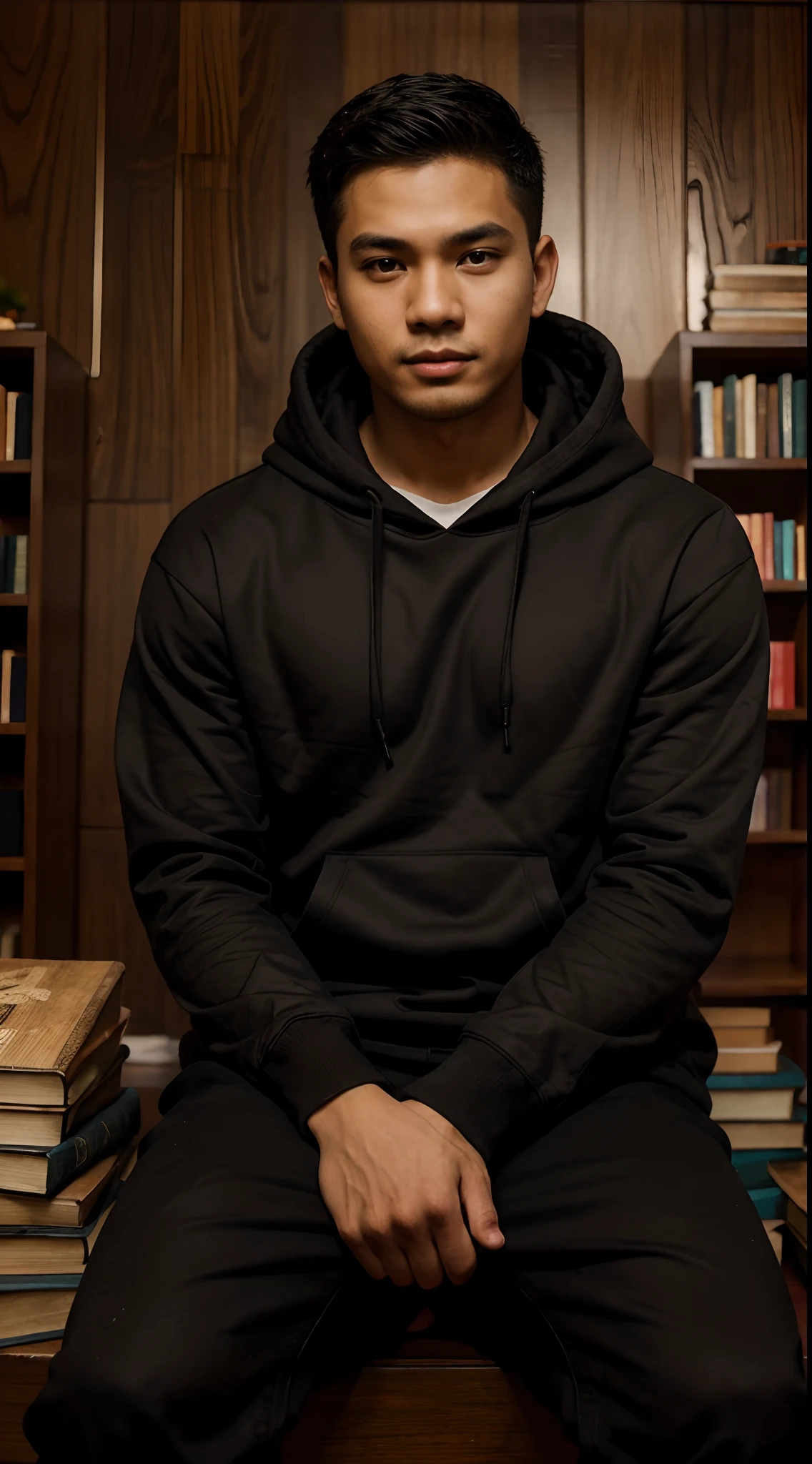 A handsome young man with an Indonesian face, sitting in a room full of books facing forward,Wearing a hoodie with a hood