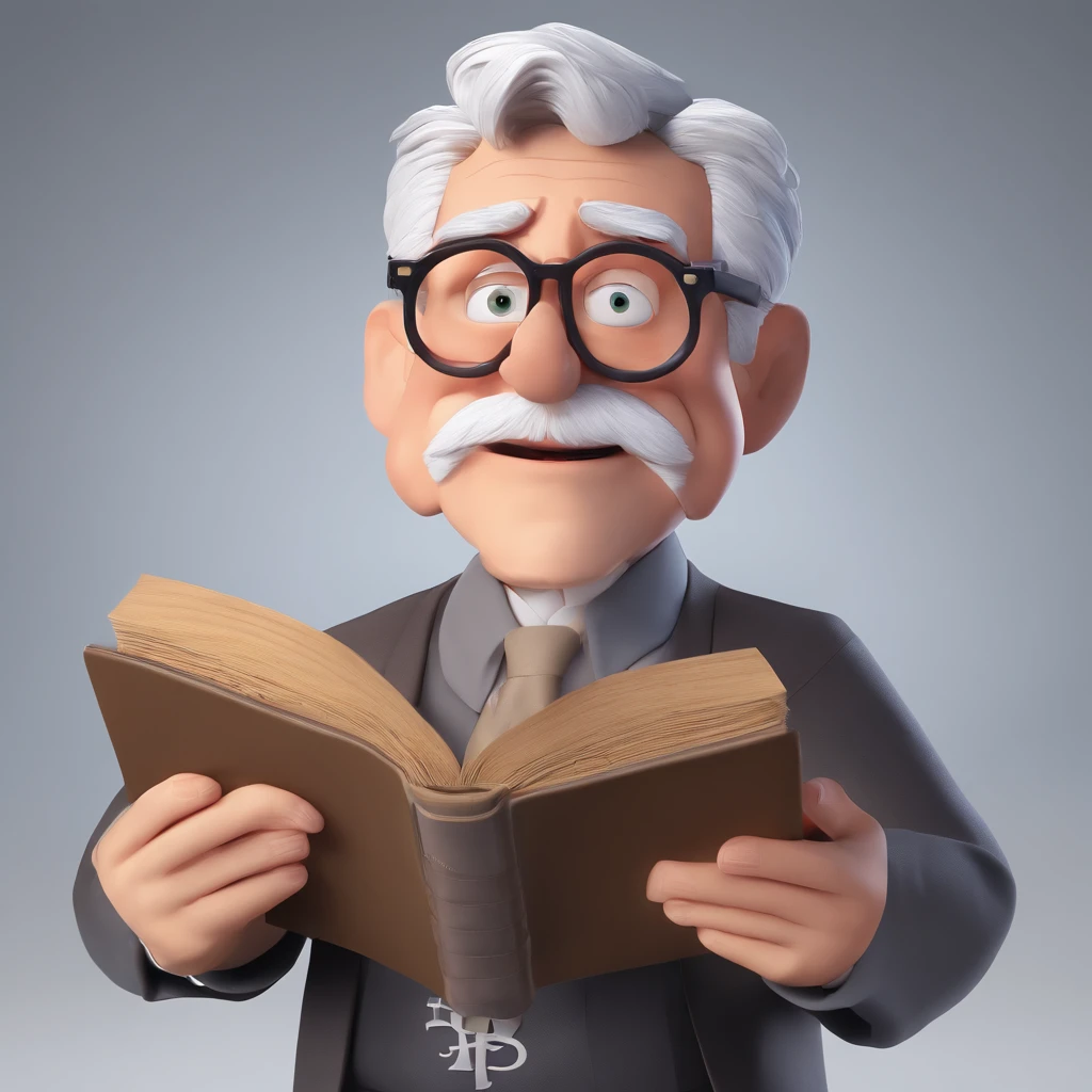 Crie um cartaz inspirado na Disney Pixar com o personagem sendo o pastor Rubens Janier, A gray-haired man wearing glasses, in an office with a Bible on the table