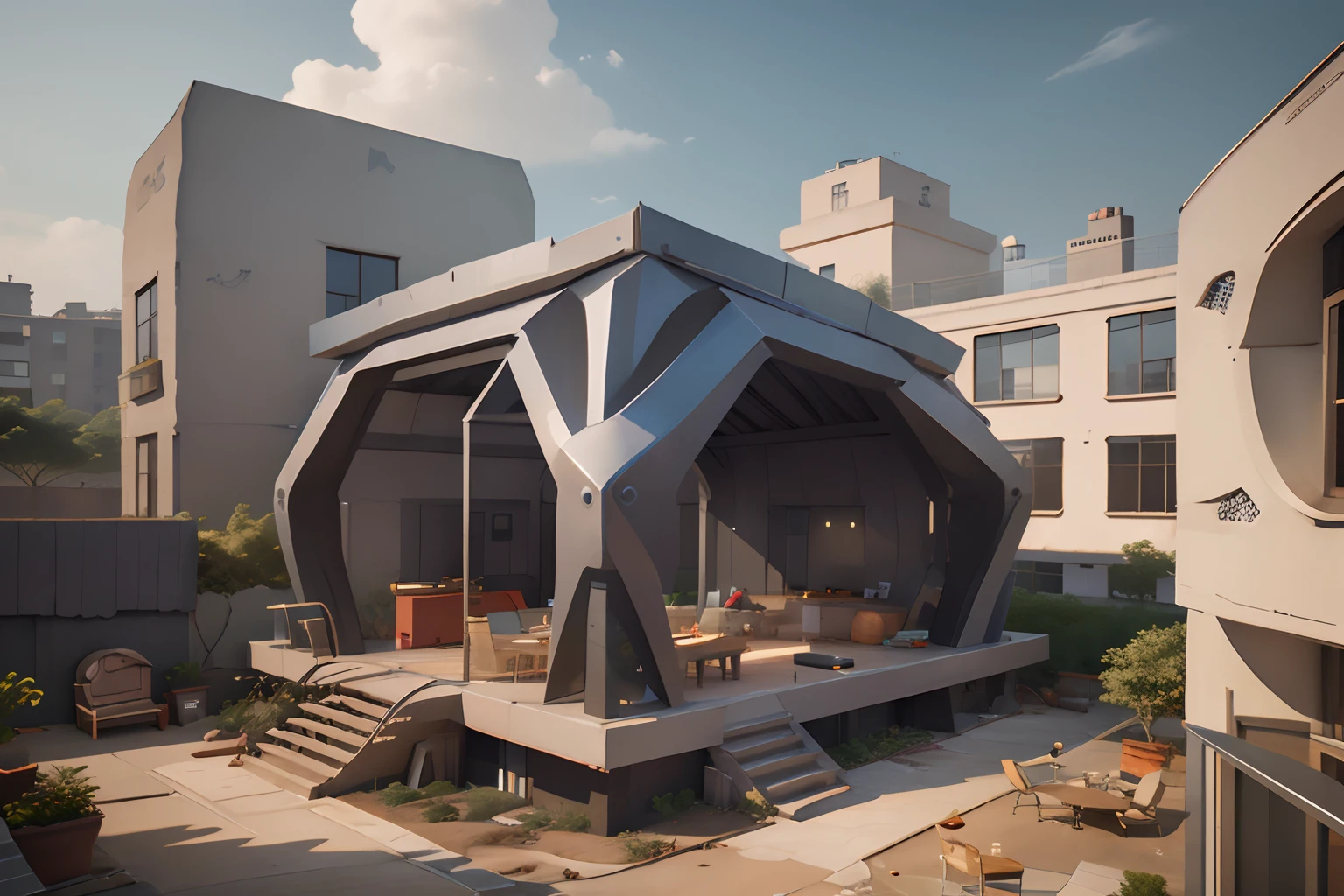 Game architectural design, Metal house，Bungalow roof，Cell structure shape，Hexagonal walls，Connectable，Metal walls，The structure matches the building，sci-fy，casual game style, sci-fi building,C4D，closeup cleavage，tmasterpiece，super detailing，best qualtiy