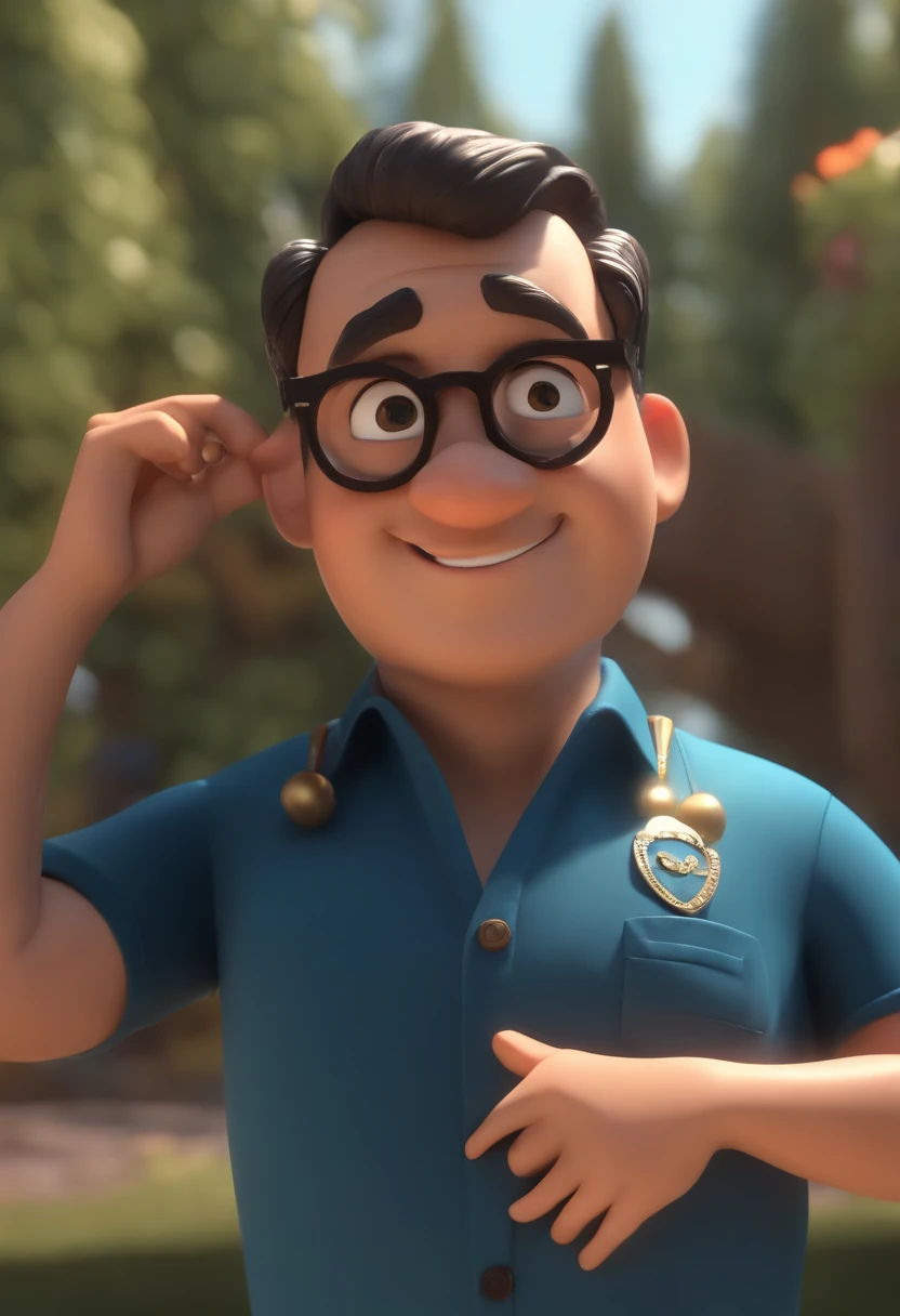 Cartoon character of a man wearing black glasses and a blue shirt, um personagem animado, Caractere estilizado, animation style rendering, 3D estilizado, Arnold Maya render, 3 d render stylized, toon render keyshot, Personagem 3D, Personagem 3D, 3d rendering stylized, 3 d character render, personagem de desenho animado, Personagem de close up, Pose de personagem, (Estilo Pixar) (master part:1.2) (Bokeh) (best quality) (pele detalhada) (textura detalhada) (8k) (argila) (Cinematic lighting) (foco nítido，Senta e vaza a parte superior do corpo