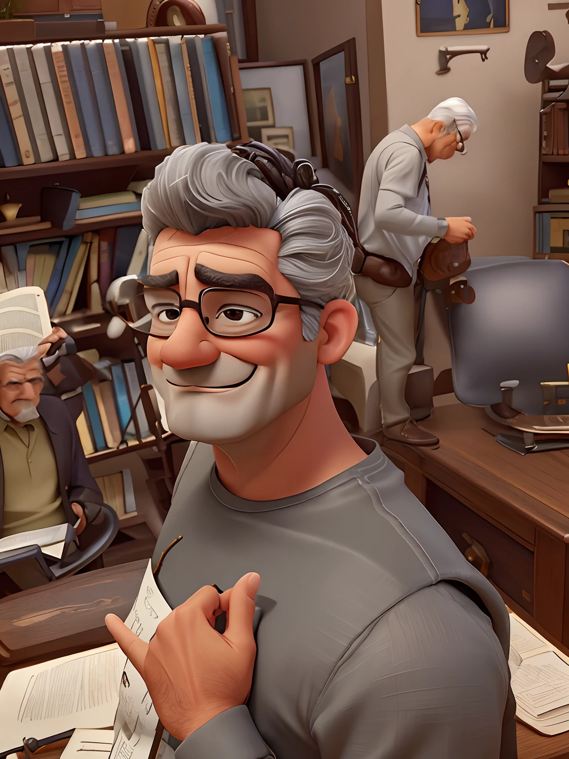 velho, inspirado na Disney Pixar, Inspirado pelo pastor ( Rubens Janeiro ) A gray-haired man wearing glasses in an office with a book on the table looking to the serious future, old man, cabelos grisalhos, um terno