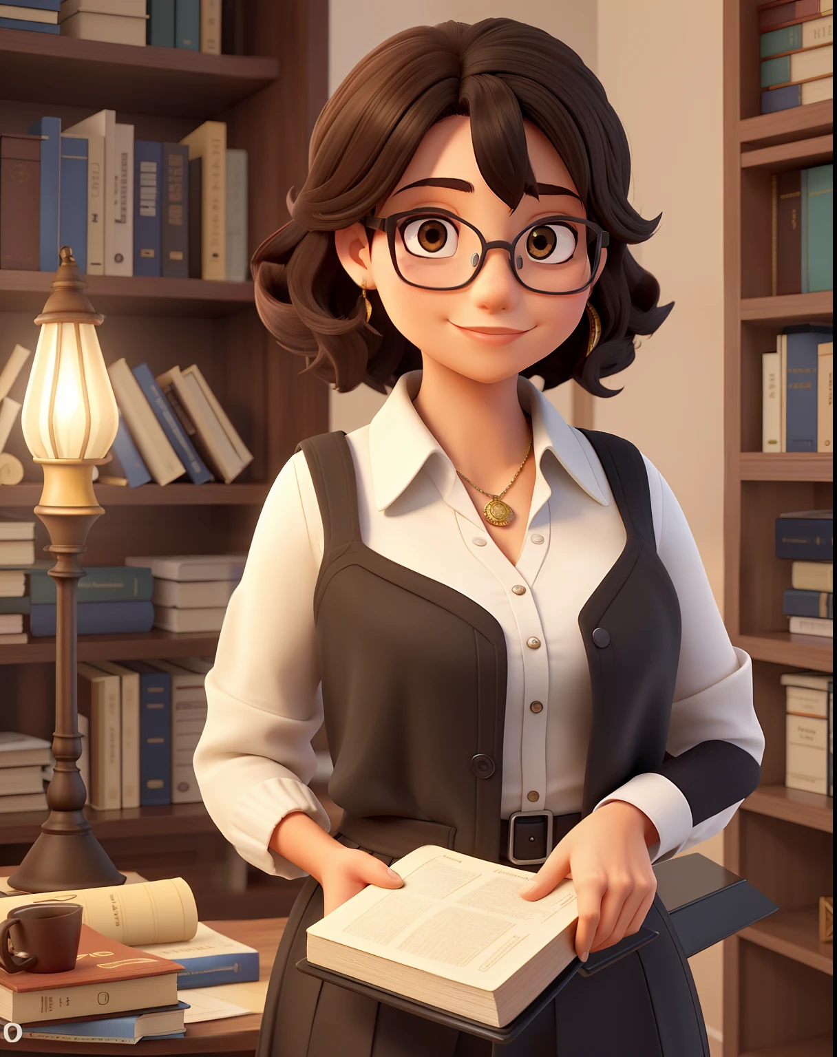 Uma mulher branca, magra, fine strokes, com franjinha, medium straight and black hair, dark brown eyes and glasses, sentada na poltrona, usando roupa elegante, lendo um livro orgulho e preconceito, illuminated by the light of a lamp, contra o pano de fundo de uma biblioteca, alta qualidade
