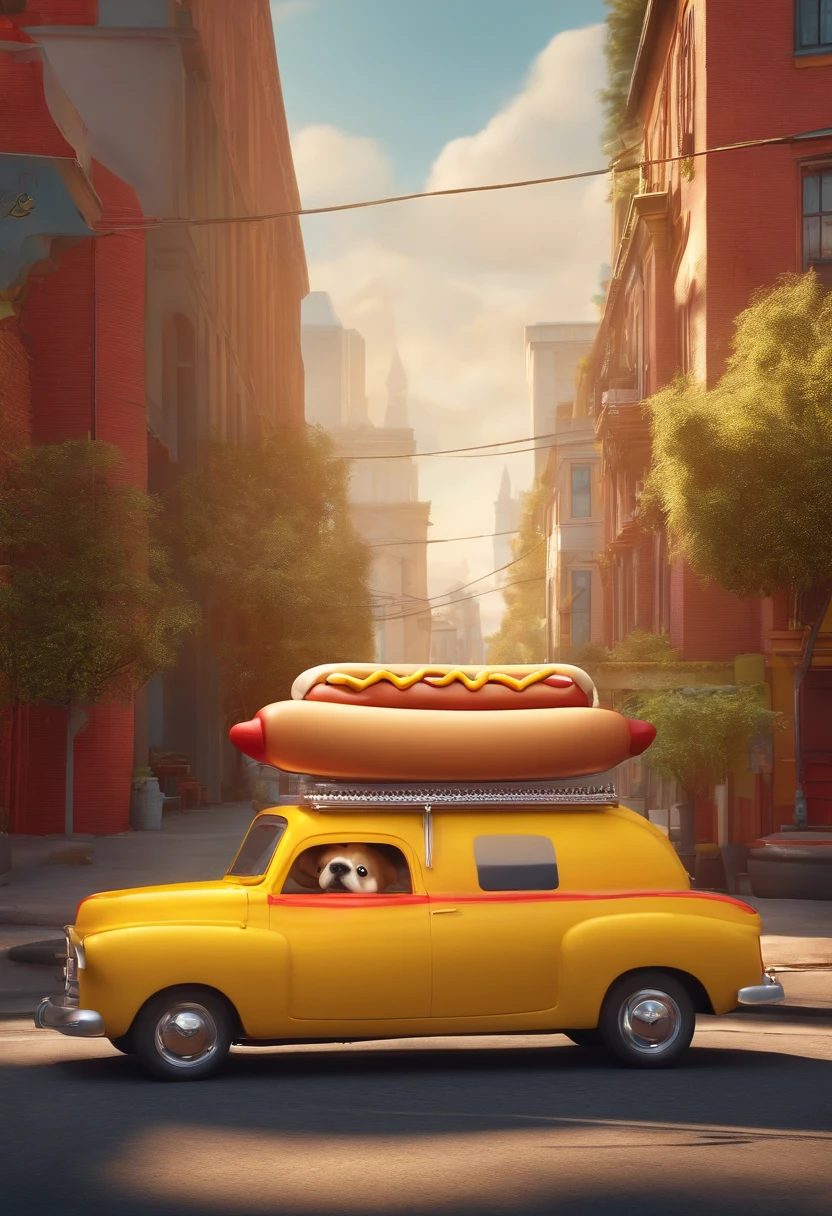 Desenho em estilo 3D da Pixar de uma loja de hot dog com o nome Santo Doggy, com cores vermelho, Amarelo e branco no centro da cidade.