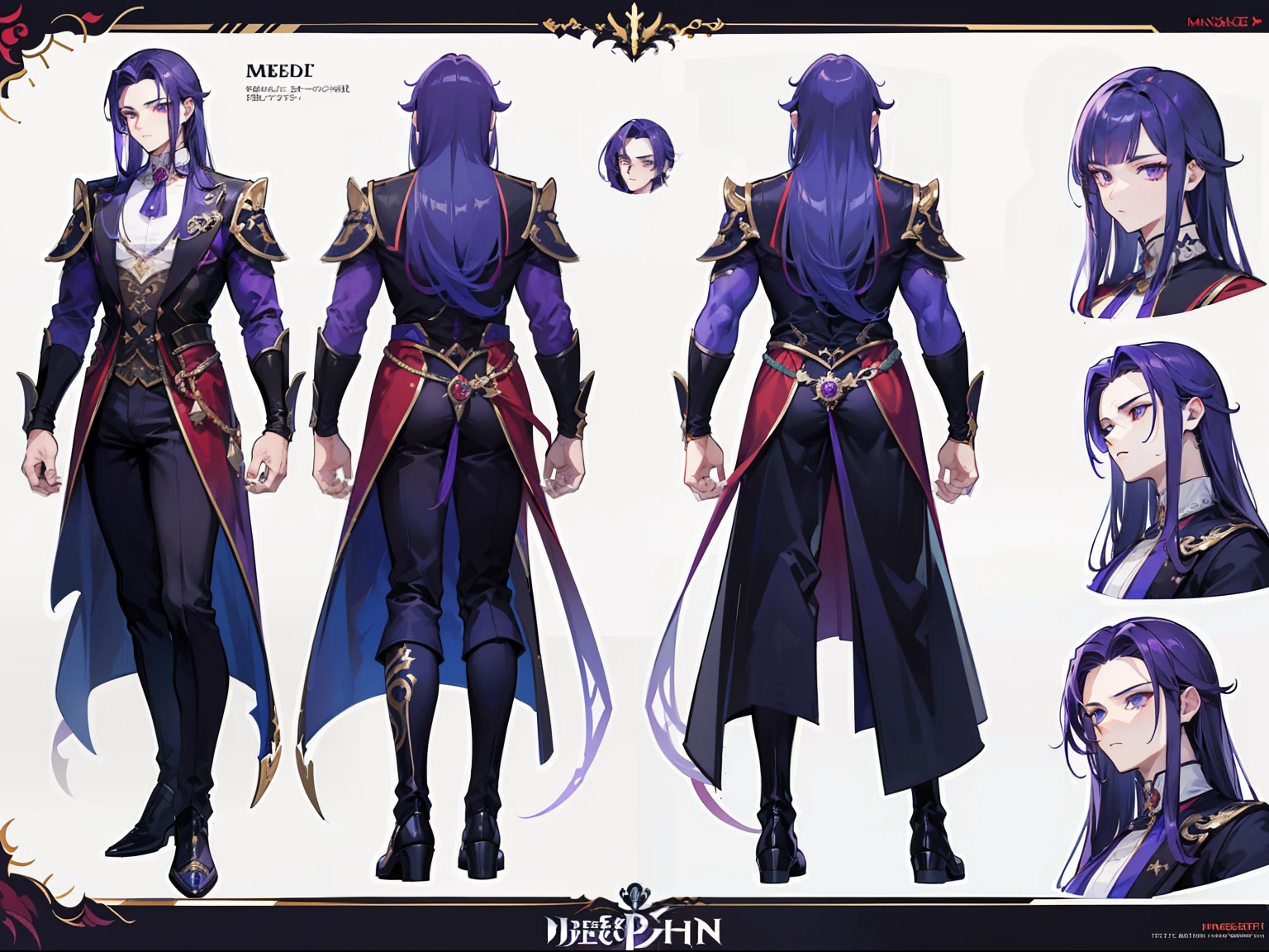 ((Masterpiece, Highest quality)), Male, boy, Detailed face, character design sheet， full bodyesbian, Full of details, frontal body view, back body view, Highly detailed, Depth, Many parts, Muscle boy with purple long hair，handsome man, vampire outfit clothes, Genshin Impact, man tall