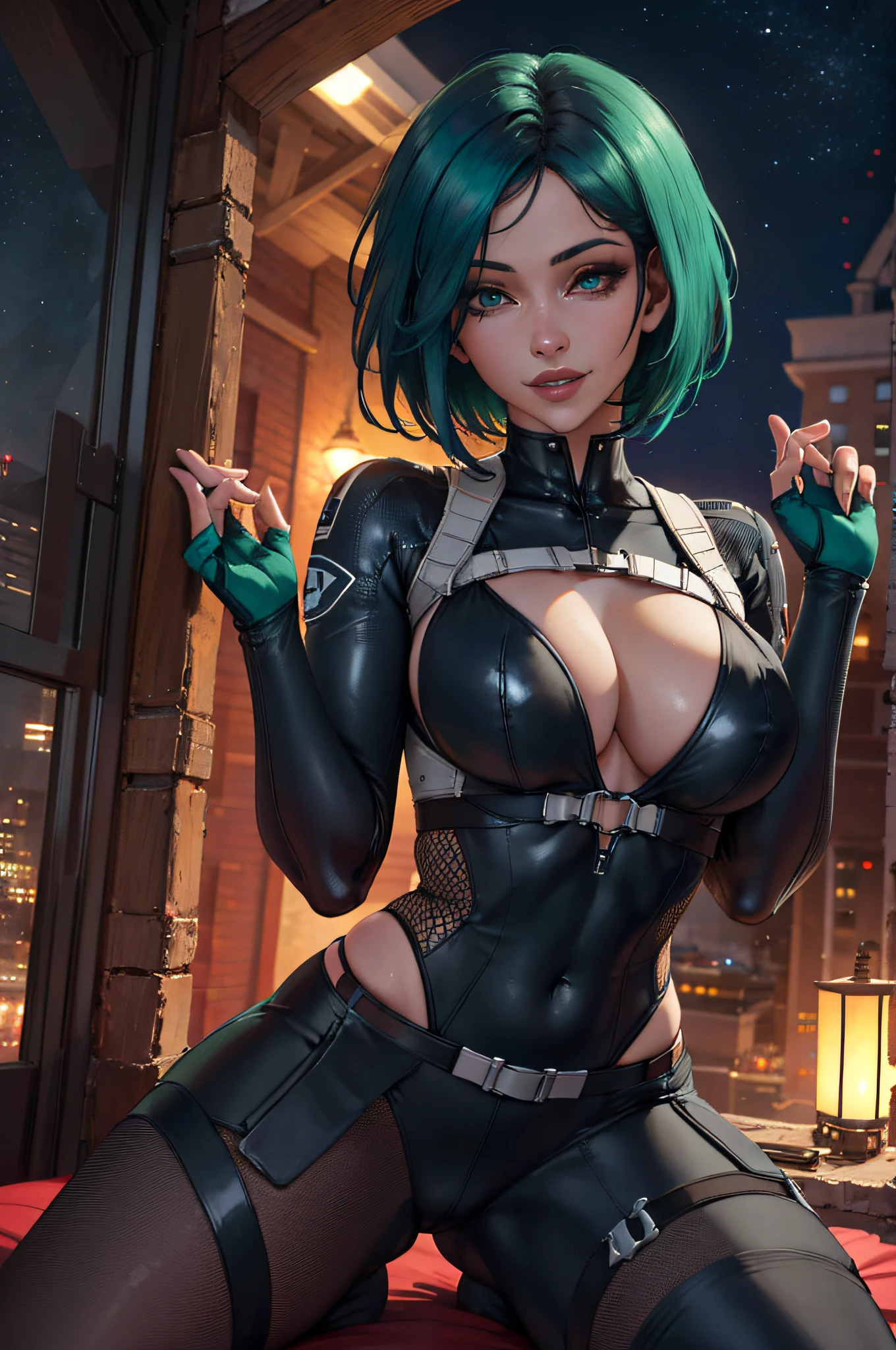 Woman in straddling pose, (1 adult female, Solo:1.1), Draw only one woman, beautidful eyes, Draw detailed eyes, Detailed depiction of hair, large boob, big butts, hiquality, hight resolution, ultra-detailliert, high-level image quality, hightquality, in 8K, The skin is shiny, Center, Precise human body structure, Scientific background, and draw the full body, Black costume, Vibrant colors, Enamel Art, Sexy costume, Sheer costume, Exposing your feet, Exposing your arms, bewitching, ela_(rainbow_six_siege), masterpiece, best quality, 1girl, solo, green hair, realistic, short hair, bodysuit,gloves,fingerless gloves, standing, upper body, smile, teeth, close up, cruise ship, night, stars, cum, bukkake, grabbing 2 , (insanely detailed, beautiful detailed face, beautiful detailed eyes, masterpiece, best quality)