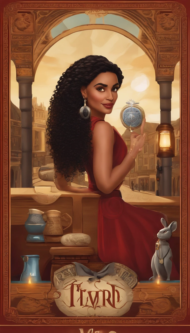 Criar um Poster no estilo pixar. Mulher de longos cabelos castanhos, olhos castanhos, tez branca, exibindo uma aura roqueira, with a heart-shaped pouch with a metal handle, jaqueta de couro preto com spikes, , Performs a tarot reading at a round table in a café on a street in London, representar londres de alguma forma