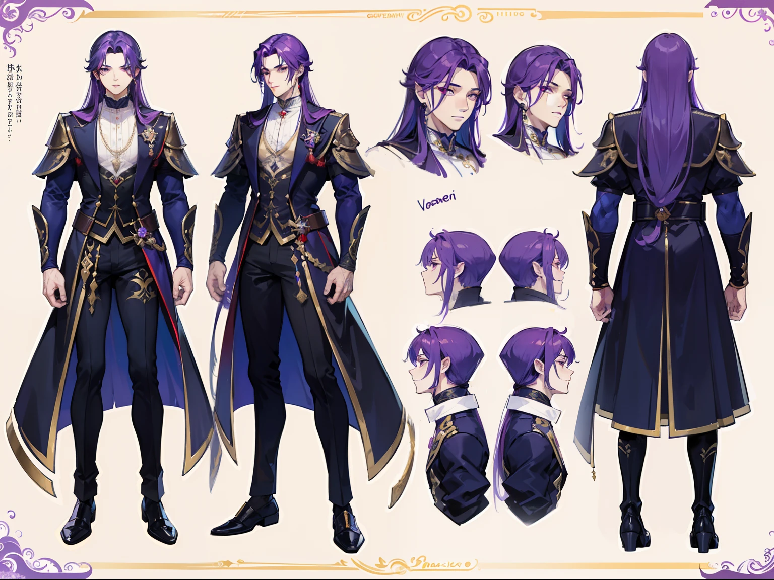((Masterpiece, Highest quality)), Male, boy, Detailed face, character design sheet， full bodyesbian, Full of details, frontal body view, back body view, Highly detailed, Depth, Many parts, Muscle boy with purple long hair，handsome man, vampire outfit clothes, Genshin Impact, man tall