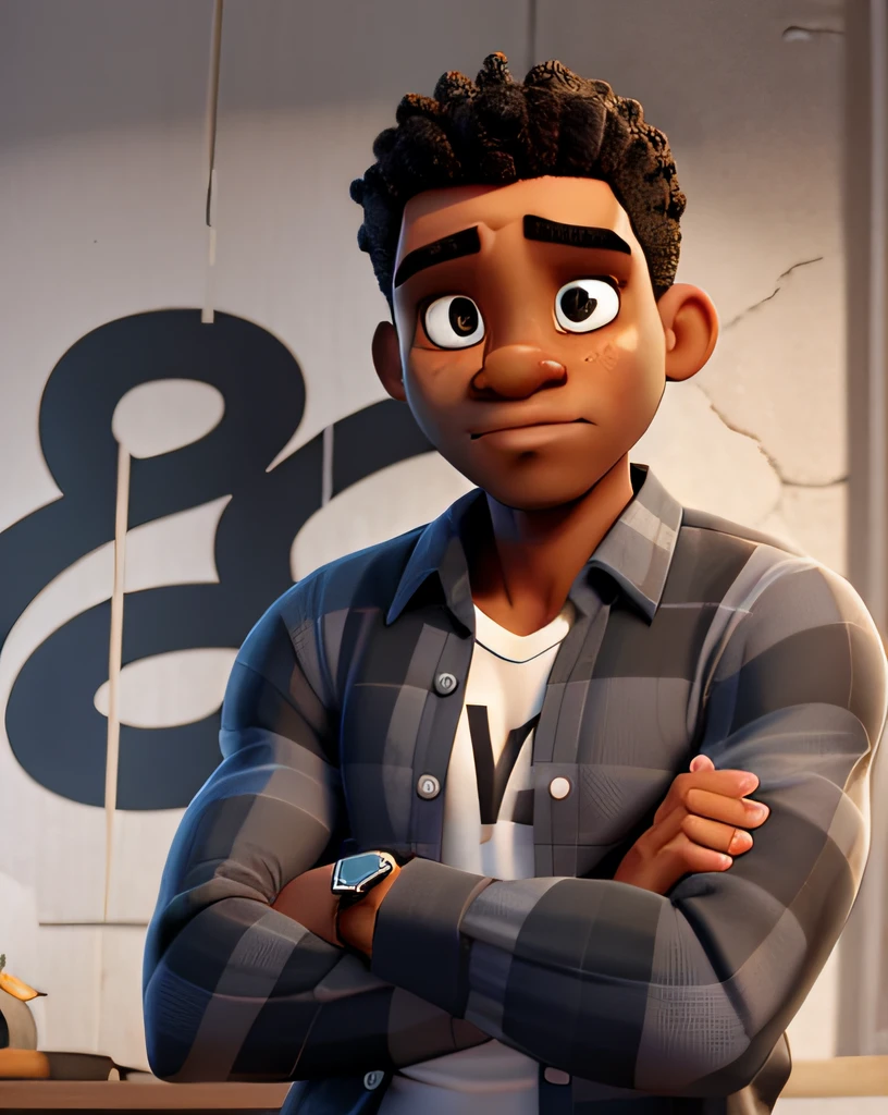 Um homem negro vestindo uma camisa preta, with arms crossed, alto , magro, cabelos pretos e crespos e olhos castanhos, fundo branco