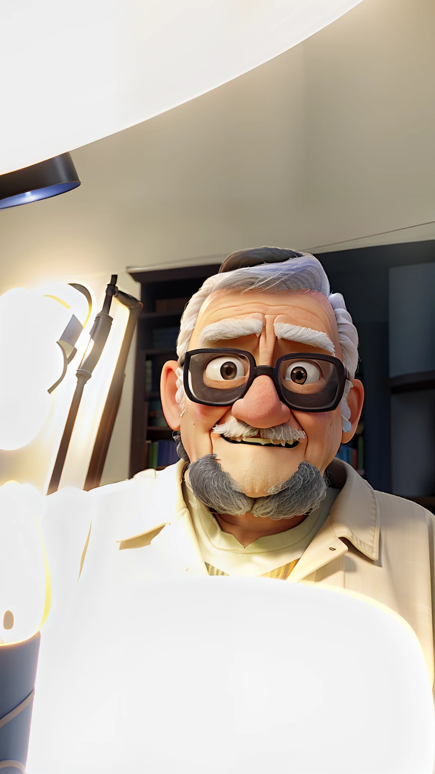 A wise old man standing in front, illuminated by the light of a lamp, against the backdrop of a library