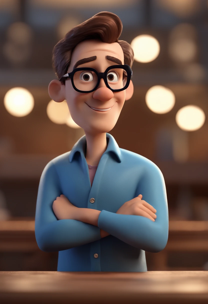 Cartoon character of a man with black glasses and a blue shirt, animation character, Caractere estilizado, animation style rendering, 3D estilizado, Arnold Maya render, 3 d render stylized, toon render keyshot, Personagem 3D, Personagem 3D, 3d rendering stylized, 3 d character render, personagem de desenho animado, Personagem de close up, Pose de personagem, (Estilo Pixar) (master part:1.2) (Bokeh) (best quality) (pele detalhada) (textura detalhada) (8k) (argila) (Cinematic lighting) (foco nítido