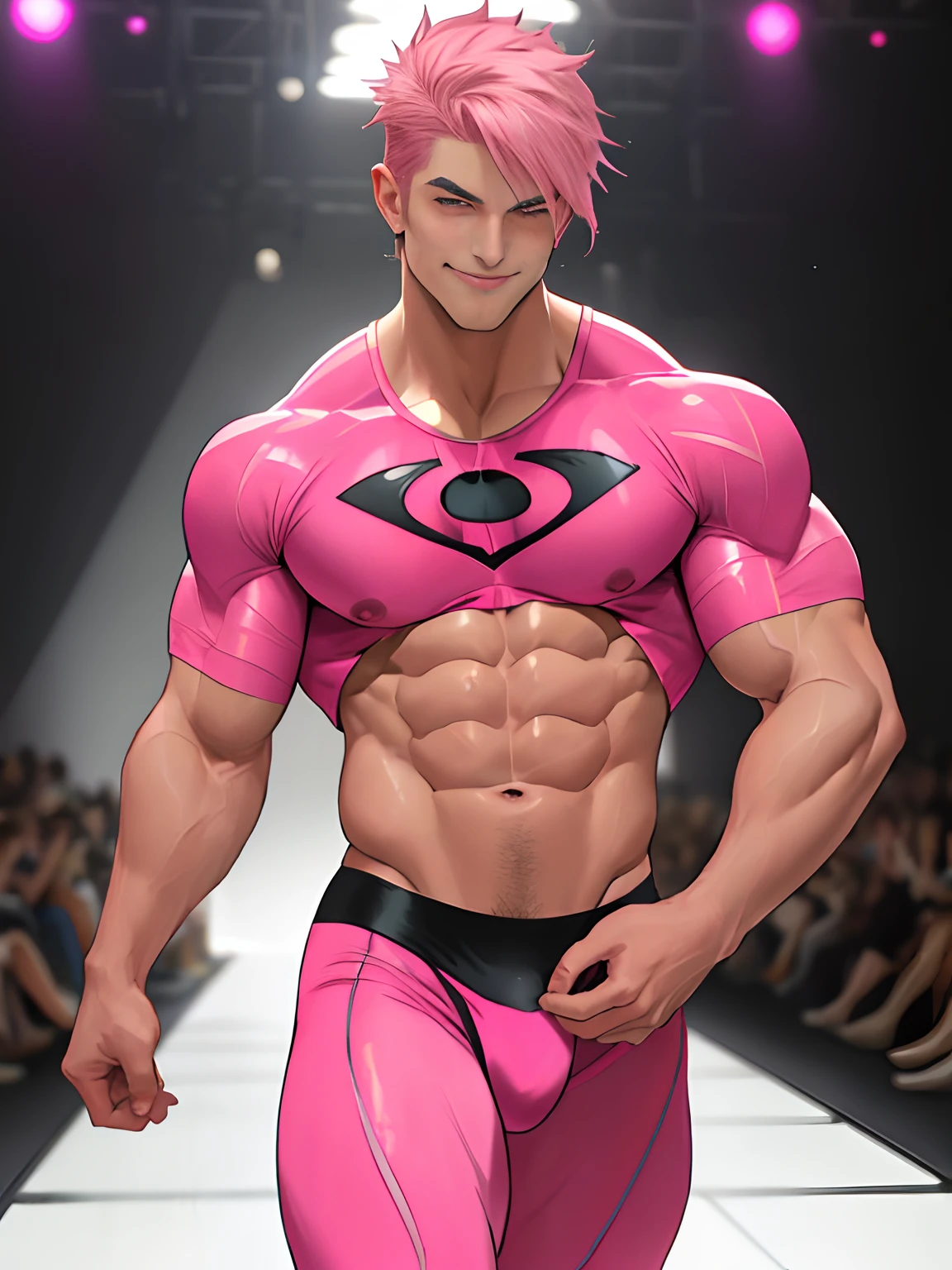 (anime style art, extremely masculine muscular character,muscular,bodybuilder, huge bulge, sexy, smirk, erotic, 8 pack abs, 1boy,adult,solo, masterpiece, best quality,4k, Main, pink hair, superhero, pink a d magenta hair, heart symbol on chest, spandex, flying, runway model, stage,  fashion, catwalk