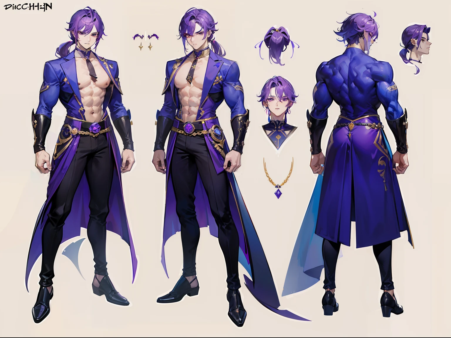 ((Masterpiece, Highest quality)), Male, boy, Detailed face, character design sheet,full body esbian, Full of details, frontal body view, back body view, Highly detailed, Depth, Many parts, Muscle boy with purple hair,handsome man, vampire outfit clothes, Genshin Impact, man tall, pectoral muscles, abs