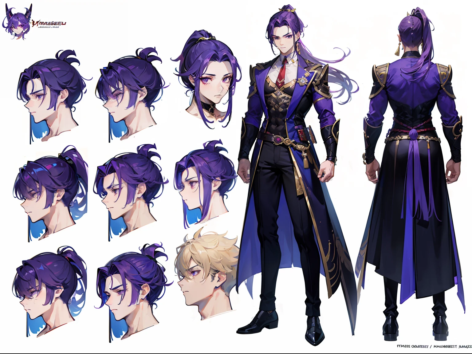 ((Masterpiece, Highest quality)), Male, boy, Detailed face, character design sheet, full bodyesbian, Full of details, frontal body view, back body view, Highly detailed, Depth, Many parts, Muscle boy with ponytail long purple hair,handsome man, muscle body, vampire outfit clothes, Genshin Impact, man tall, pectoral muscles, abs