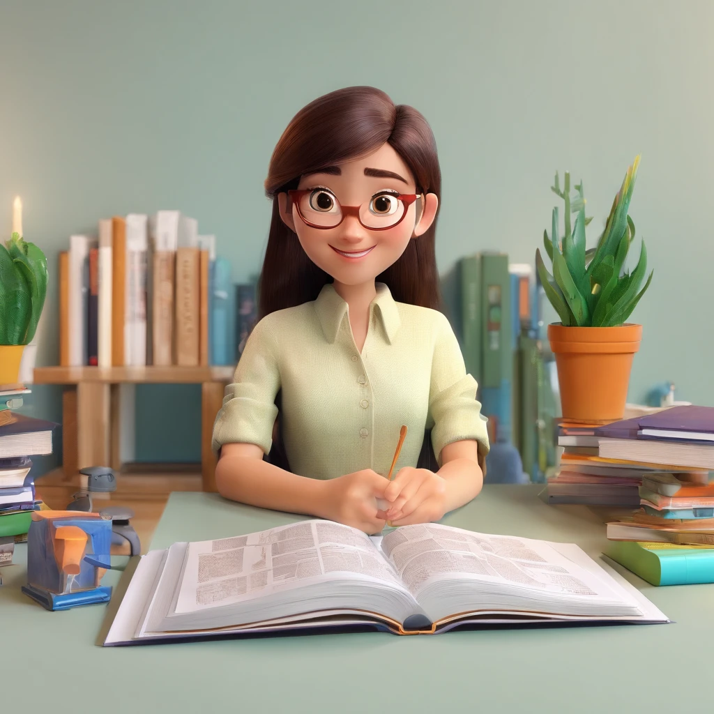 fundo branco pixar desenhos animados 3D, mulher de cabelos pretos longos lendo um livro, ::estilo pixar cartoon