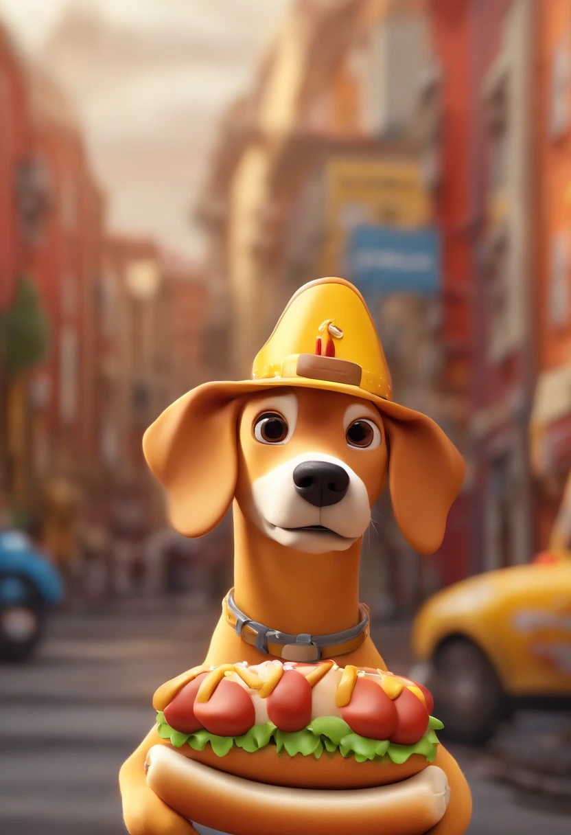Desenho em estilo 3D da Pixar de uma loja de hot dog com o nome Santo Doggy, com cores Amarelo, Vermelho e branco no centro da cidade, com muitas pessoas comendo hot dog.