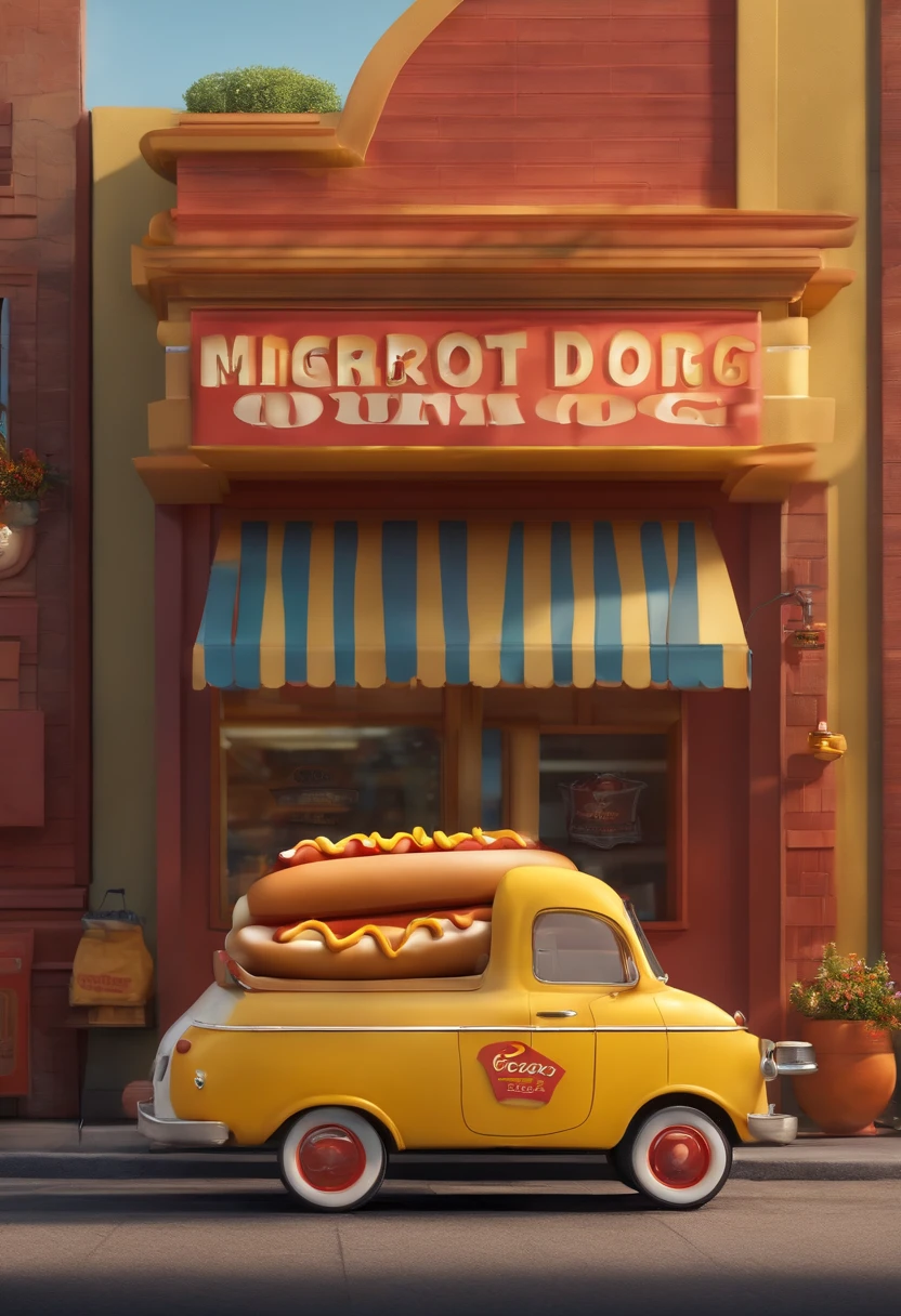 Desenho em estilo 3D da Pixar de uma loja de hot dog com o nome Santo Doggy, com cores Amarelo, Vermelho e branco no centro da cidade, com muitas pessoas comendo hot dog.