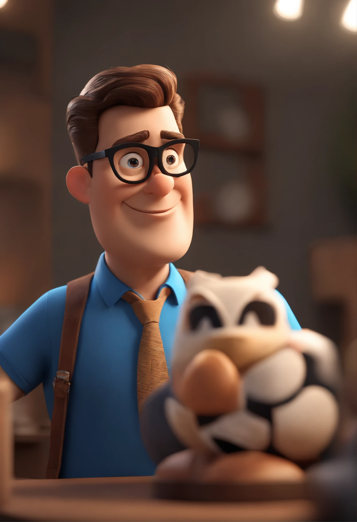 Cartoon character of a man wearing black glasses and a blue shirt, um personagem animado, Caractere estilizado, animation style rendering, 3D estilizado, Arnold Maya render, 3 d render stylized, toon render keyshot, Personagem 3D, Personagem 3D, 3d rendering stylized, 3 d character render, personagem de desenho animado, Personagem de close up, Pose de personagem, (Estilo Pixar) (master part:1.2) (Bokeh) (best quality) (pele detalhada) (textura detalhada) (8k) (argila) (Cinematic lighting) (foco nítido,Senta e vaza a parte superior do corpo