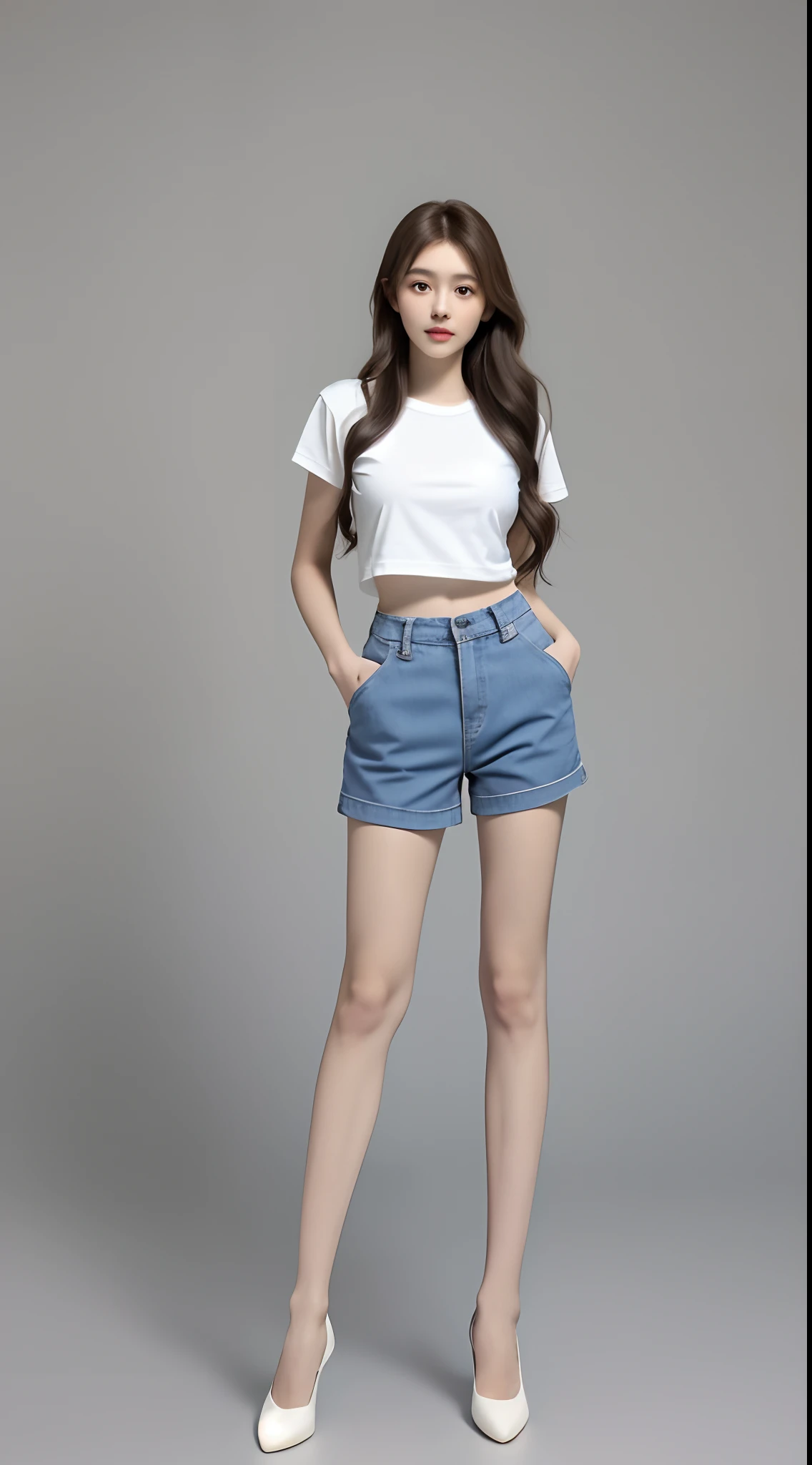 High quality, high definition, high quality painting, exquisite, clear and delicate picture, thick lines, brunette girl, 22 years old, portrait painting, half body, delicate body, no bangs, long hair slightly curly, three no attributes, gentle expression, slim figure, jewel eyes, dark gray eyes gradient light gray purple, hazy eyes, round eyes, big eyes, cute and beautiful, casual daily style, black tight cotton pants, T-shirt, standing in a sea of colorful flowers Sunny and full-body photo