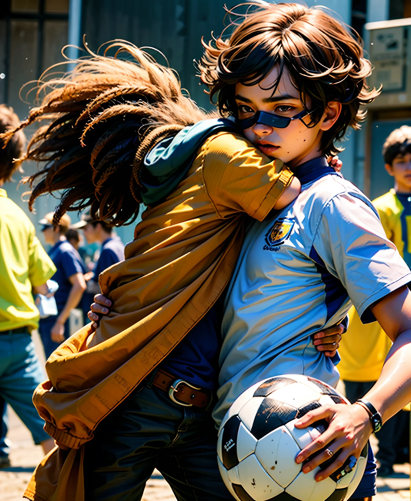 jogando bola com amigos de cabelo cortado estilo degrade de chuteira e roupa de futebol