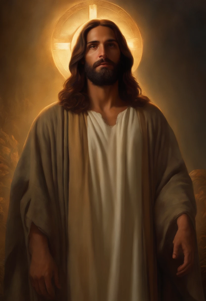 un retrato de Jesucristo en el siglo XXI, Hermosa pintura con cara muy detallada de Greg Rutkowski y Magali Villanueve, Pure and innocent expression, Natural Reflection Textures, cinematography lighting