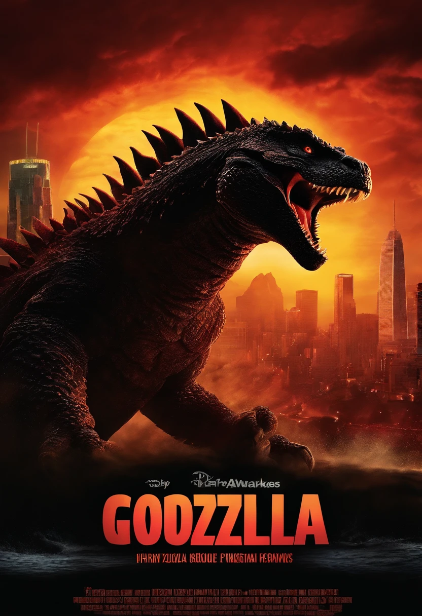 Pixar style movie poster, with Godzilla roaring, with the name of the movie "Godzilla Awakens".