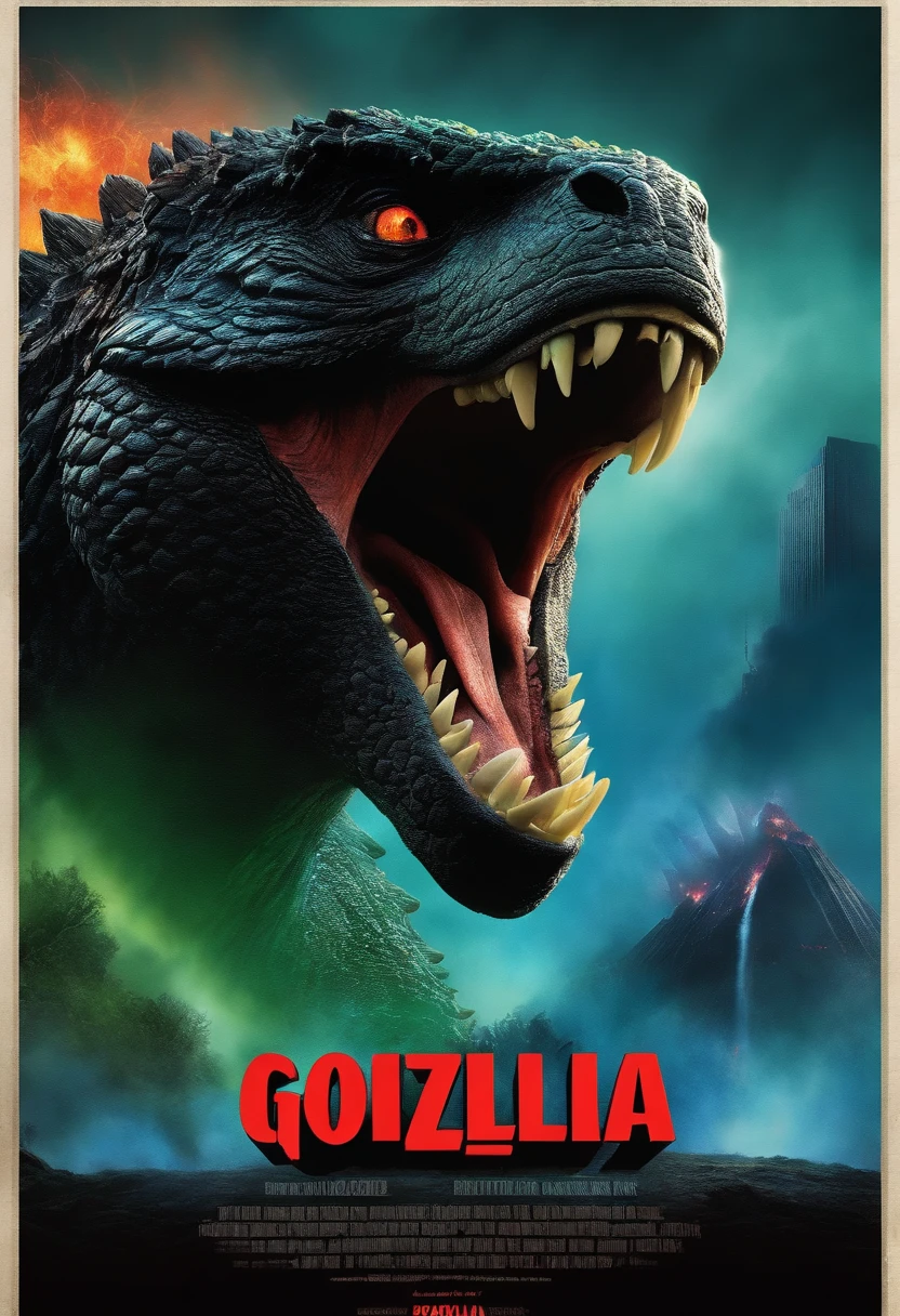 Pixar style movie poster, with Godzilla roaring, with the name of the movie "Godzilla Awakens".