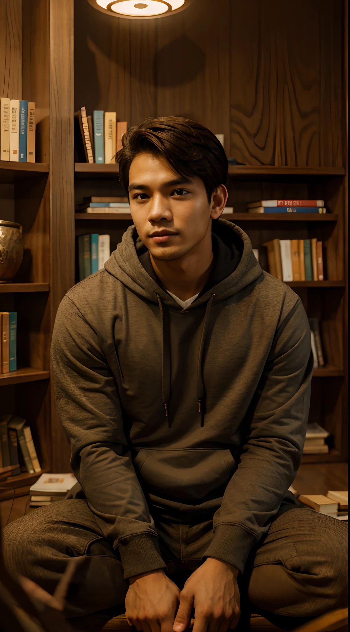 A handsome young man with an Indonesian face, sitting in a room full of books facing forward,Wearing a hoodie with a hood
