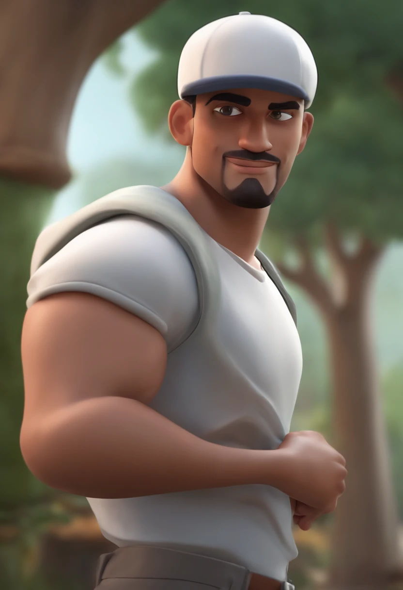 Cartoon character of a man wearing white cap and a gray shirt, um personagem animado,cabelo raspado,olhos puxado,Caractere estilizado, animation style rendering, 3D estilizado, Ma Arnaldo