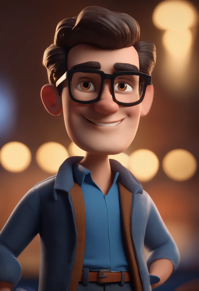 Cartoon character of a man with black glasses and a blue shirt, animation character, Caractere estilizado, animation style rendering, 3D estilizado, Arnold Maya render, 3 d render stylized, toon render keyshot, Personagem 3D, Personagem 3D, 3d rendering stylized, 3 d character render, personagem de desenho animado, Personagem de close up, Pose de personagem,  (Estilo Pixar) (master part:1.2) (Bokeh) (best quality) (pele detalhada) (textura detalhada) (8k) (argila) (Cinematic lighting) (foco nítido