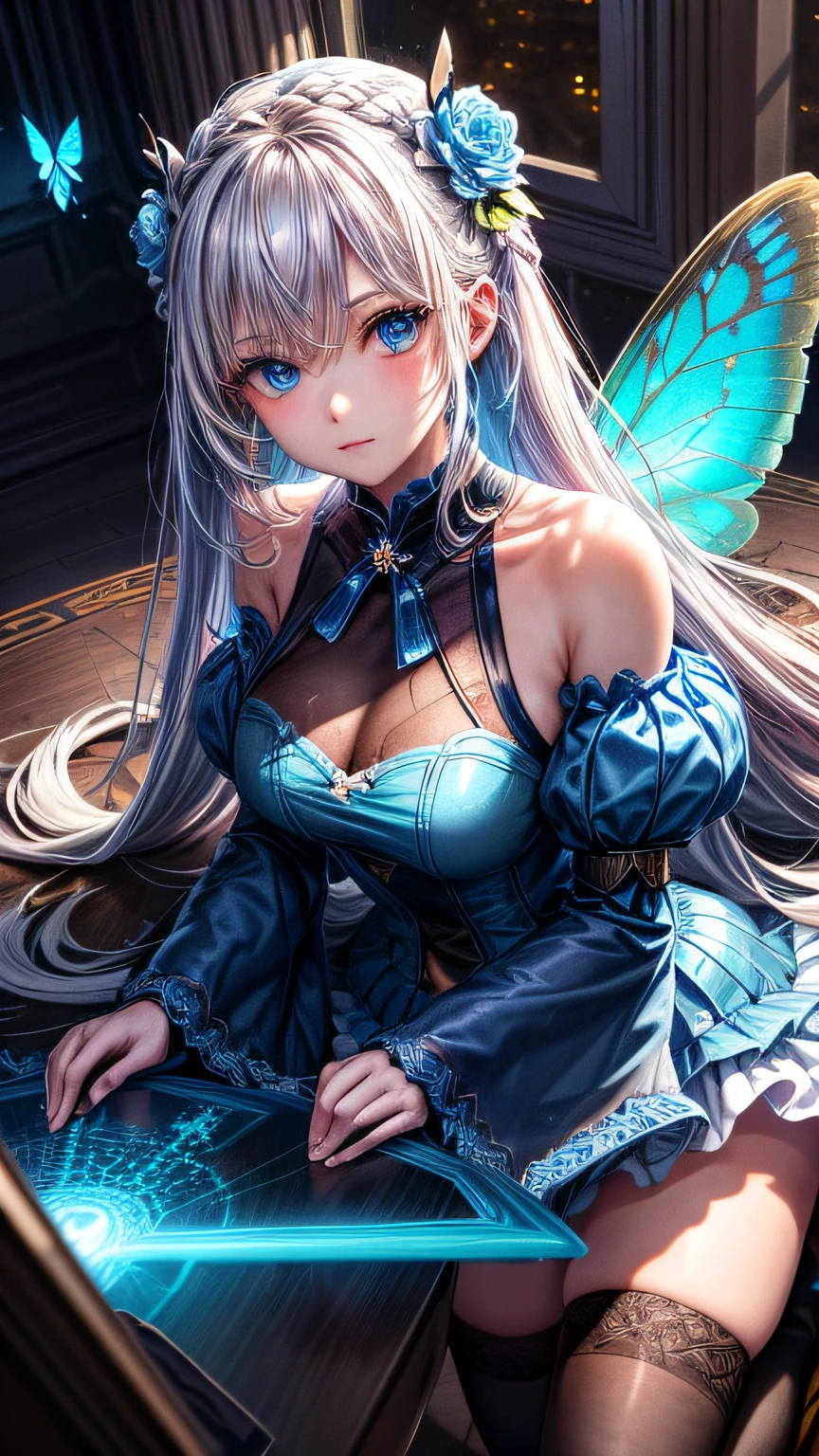 (Overhead view),dynamic angle,ultra-detailed, illustration, close-up, straight on, 1girl, (fantasy:1.4), (azure blue eyes:1.233),Her eyes shone like dreamy stars,(glowing eyes:1.233),(beautiful and detailed eyes:1.1),(blond hair:1.14),(messy hair,very long hair,french braid,hair between eyes,sidelocks), (+(bule hair flower:1.14)),(chiffon dress,bule flower pattern in uniform)/=(military uniform:1.24),(detached sleeves,wide sleeves),(fingerless gloves),choker,(miko thighhighs),High heeled boots,(expressionless,closed mouth),(standing), (classical Princess boudoir with dressing tableand french windowin a white ancient palaces),(white flowers,bloom),(abysmal sea),(flowing water),(a dull blue world tree:1.14),(ruins),(night:1.2),dreamy,soul,(fluorescence),(flying translucent blue butterflies:1.15), [[delicate fingers and hands:0.55]::0.85],(detail fingers),(yubao:0.5),