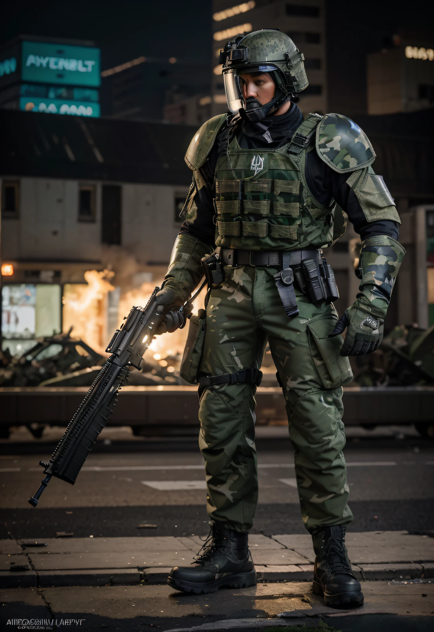 male soldier, riot helmet, blue and green camouflage military uniform, black bulletproof vest, modern light armor, black military boots, hands with thick gloves, holds a shotgun, belt with ammunition, is in modern city completely destroyed, night, fire, smoke, debris, hyperrealistic, 4k, Ultra detailed image, realistic, Highly detailed, perfect composition, gorgeous, Intricately detailed, incredibly detailed, Art photography 8K, hyper detailed, Masterpiece, Ultra detailed, hyper realistic, 4k, Ultra detailed image, realistic , Highly detailed, perfect composition, beautiful, intricately detailed, incredibly detailed, art photography 8k, hyper detailed, masterpiece