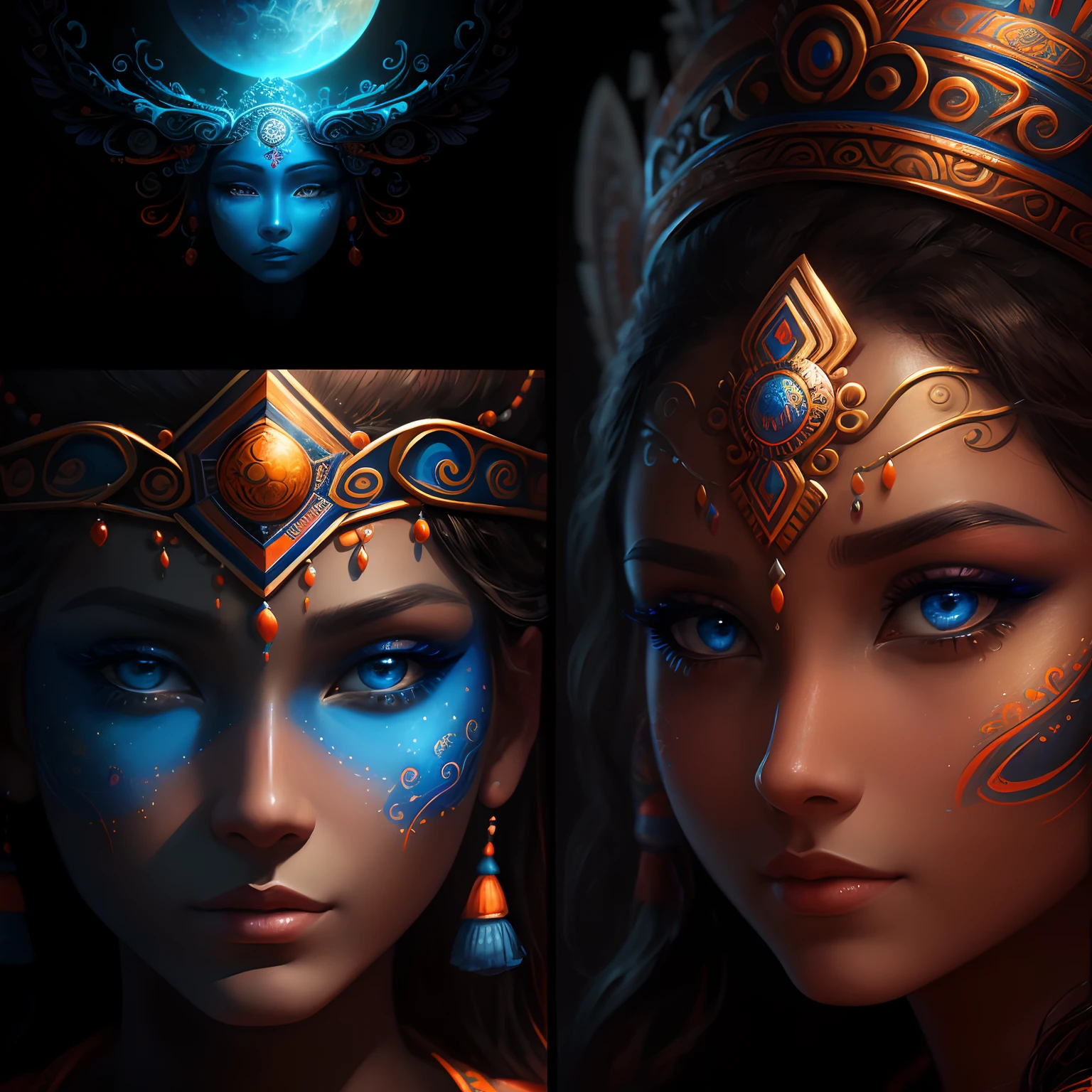 ultra-detail, Realistic, professional, surreal, hallucination, Highly detailed digital drawings, The middle image of a woman with a face painted in blue and orange., Mayan priest, Mayan Warrior Goddess, Mayan princess portrait, Mayan sun goddess, Colorful digital fantasy art, 4k highly detailed digital art, beautiful digital artwork, 4K detailed digital art, UHD 4K beautiful art