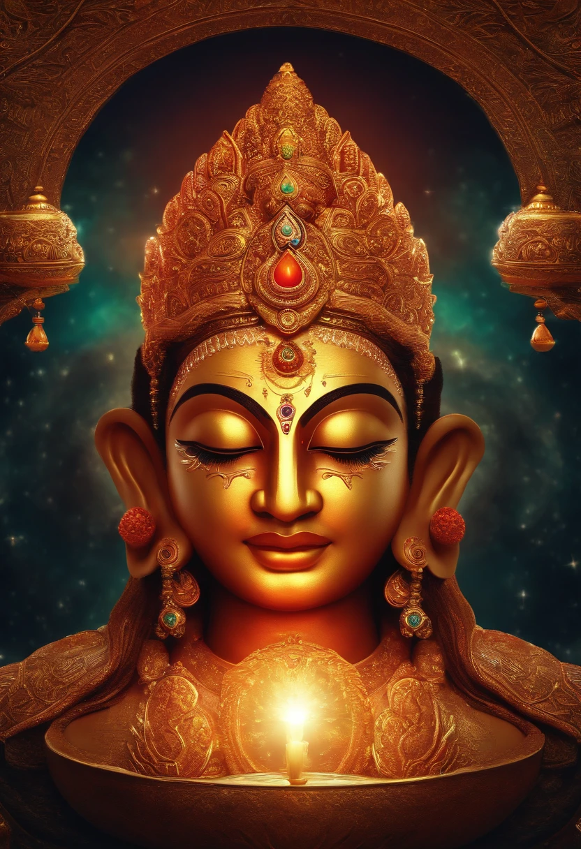 hindu mythical god, glowing light eyes, superpower, eerie, Creepy, nightmarish, Very bright colors, Light particles, with light glowing, Mshiff, wallpaper art, UHD wallpaper