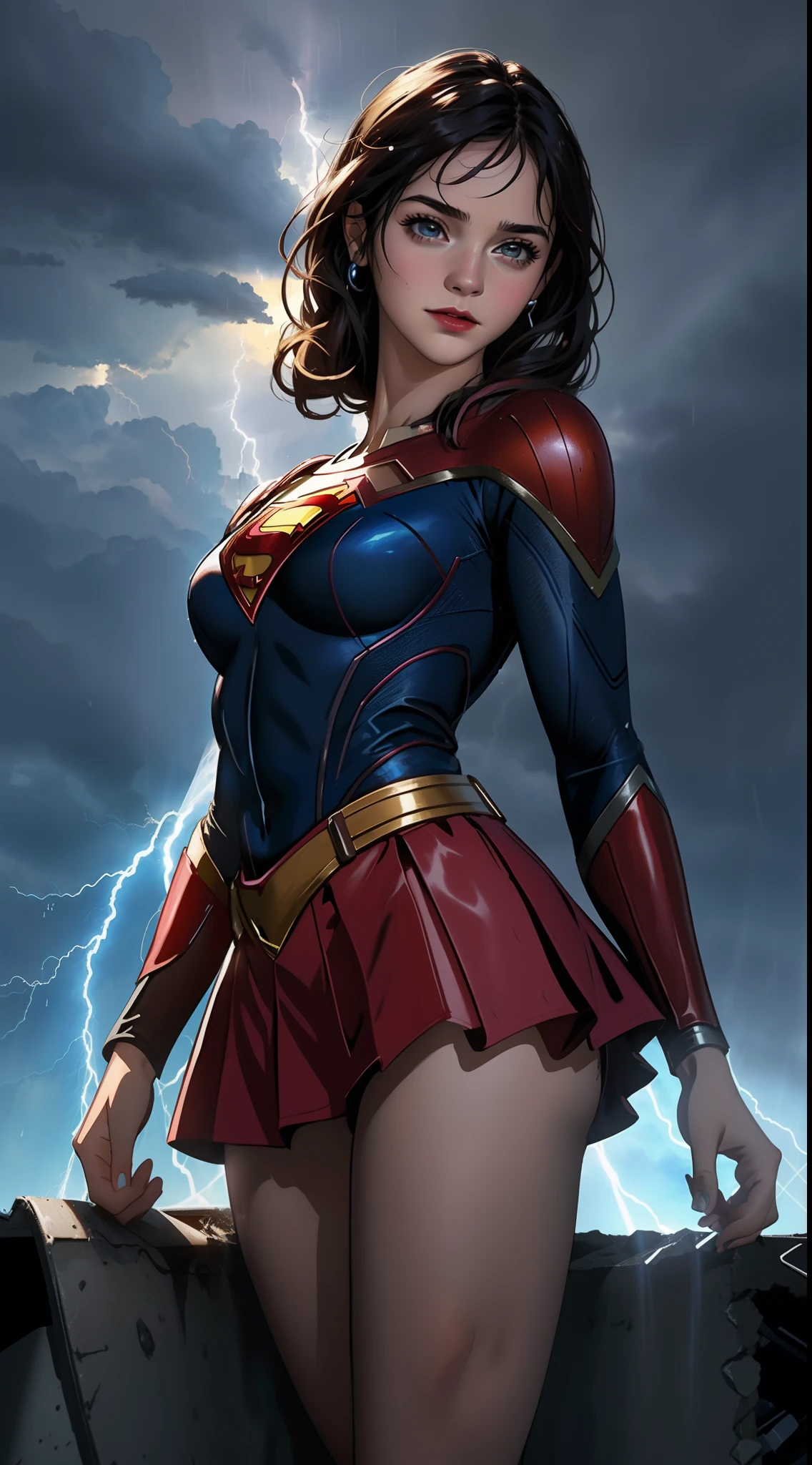 Mujer, UHD, Cuerpo de hermosa mujer con grandes senos, tetona, vestido de disfraz de Supergirl, escote, luciendo sus senos, minifalda muy corta, top corto, disfraz de superman, tatuajes, aros, cabello largo multicolor, ojos azules,