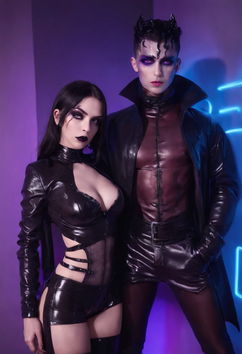 Sexy demonic couple dressed in latex lingerie posing for a photo, purple neon lights, fundo roxo, Darksynth aesthetics, Fashion Aesthetic Fetish, Corpo Perfeito, Sexy Well, demon woman, Gothic fashion, gothic aesthetic, vampire aesthetics.
