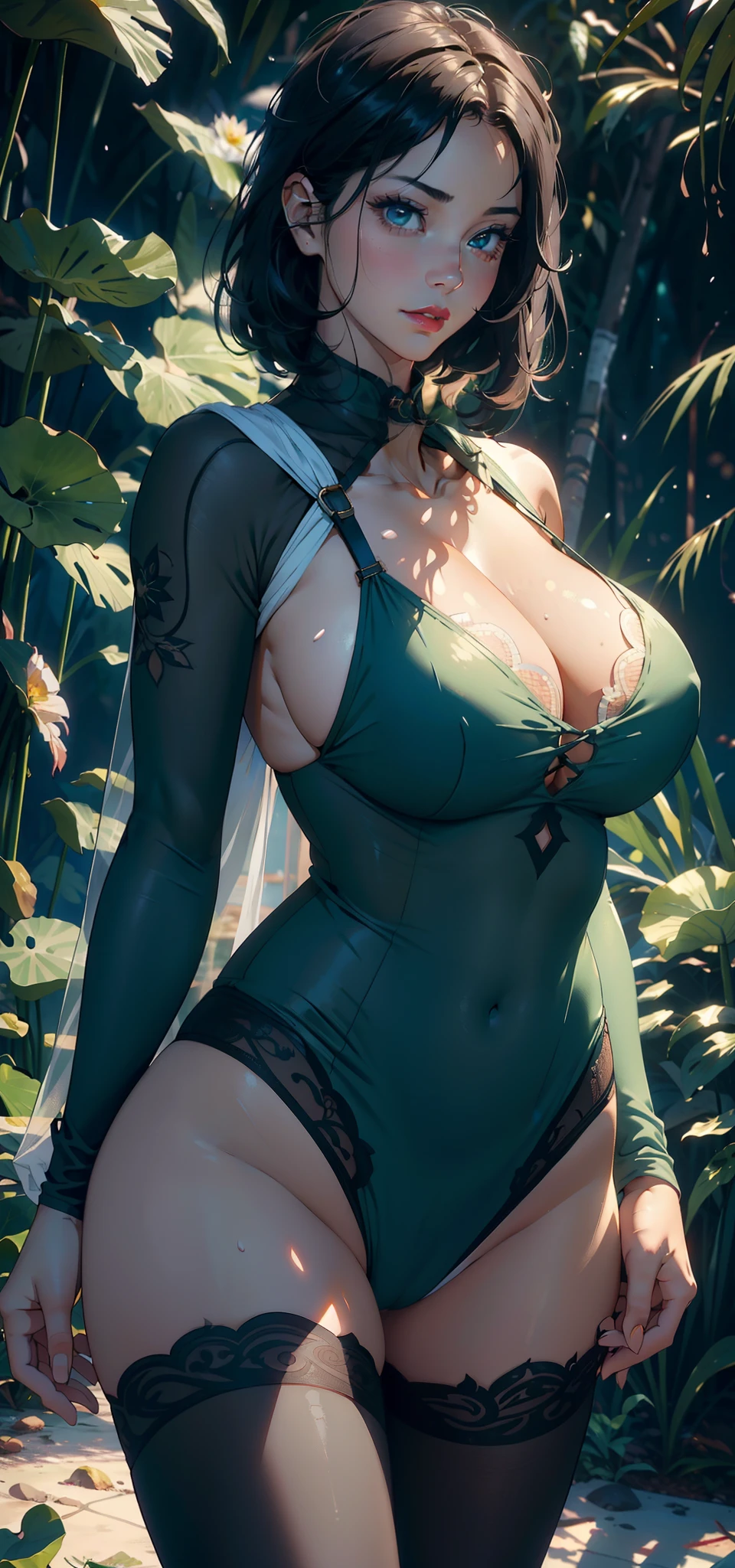 1female,45 yers old,A MILF,熟妇,mature,extremely large bosom,huge tit, A sagging breast,独奏,(Background with:hospitals,the rainforest,lotus flower,Sateen) She has short black hair,bobo head,,seen from the front, standing in forest, mostly cloudy sky,(((tmasterpiece),(Very detailed CG unity 8K wallpaper),best qualtiy,cinmatic lighting,detailed back ground,beatiful detailed eyes,Bright pupils,Black eyes,Snow-whiteskin,Redlip(Very fine and beautiful),(Beautiful and detailed eye description),ultra - detailed,tmasterpiece,))facing at camera,A high resolution,ultra - detailed),extremely large bosom,A sagging breast,revealing breasts,Bare genitalia, Bulge,legs are open,Raised sexy,Camel toes,Flushed complexion,Desire for dissatisfaction,frontage,(Wearing:,Green sheer lace tights,Superman uniform)