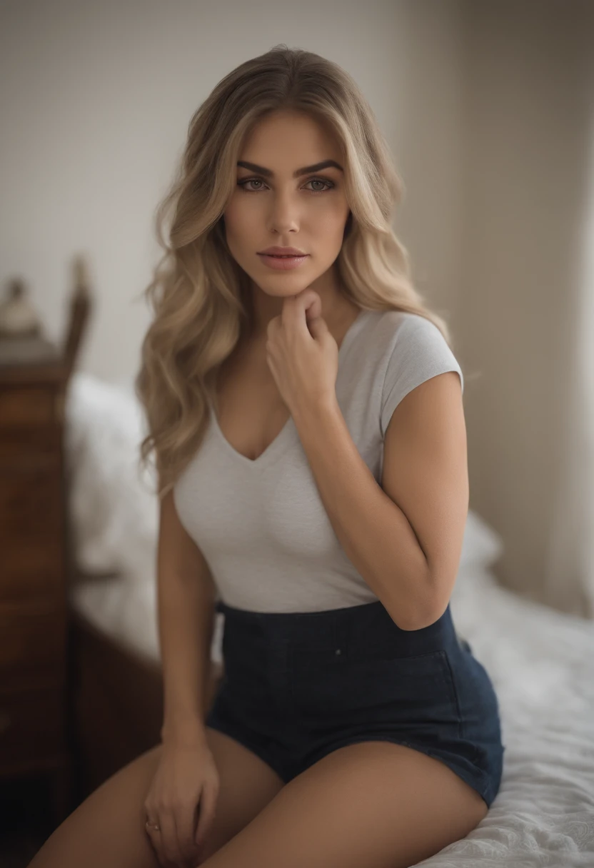 A woman in a matching T-shirt and panties, Sexy girl with blue eyes, portrait sophie mudd, Portrait of de Corinnne Kopf, blonde hair and large eyes, selfie of a young woman, Макияж Without, natural makeup, Look directly into the camera, face with artgram, dezentes Make-up, Excellent full-length photography, in a room, big breastes, blonde, Latina,  breasts exposed, Shirtless shirt, Tits Out, Chest Out,