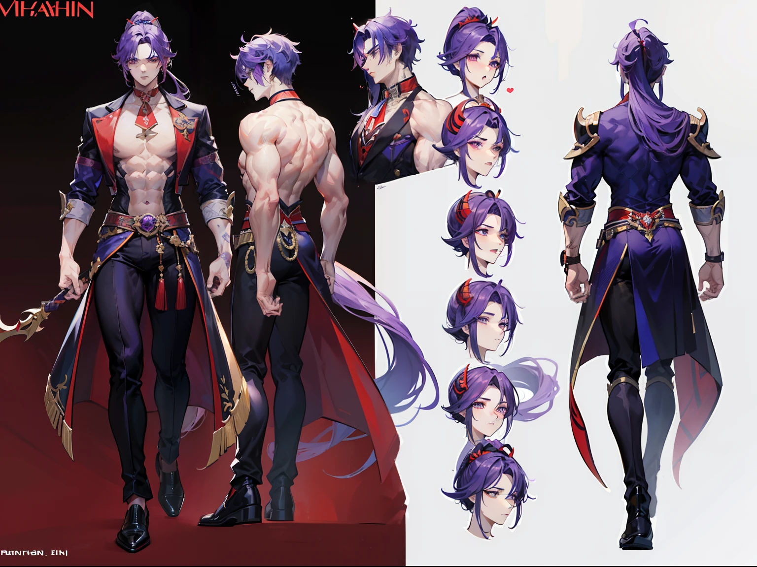 ((Masterpiece, Highest quality)), Male, boy, Detailed face, character design sheet, full bodyesbian, Full of details, frontal body view, back body view, Highly detailed, Depth, Many parts, Muscle boy with ponytail long purple hair,handsome man, muscle body, vampire outfit clothes, Genshin Impact, man tall, pectoral muscles, abs