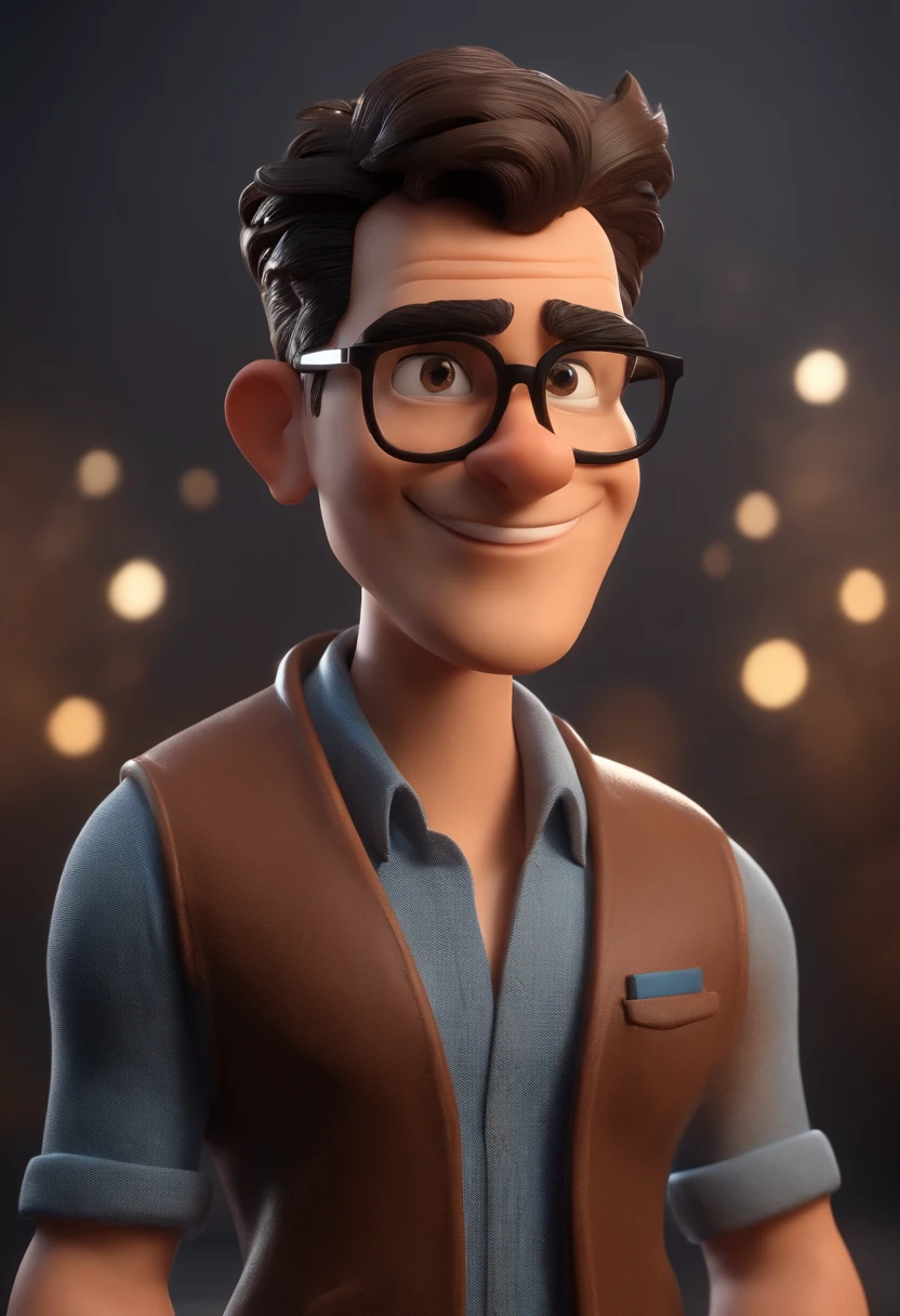 Cartoon character of a man with black glasses, cabelo cacheado marrom escuro e uma camisa azul, animation character, Caractere estilizado, animation style rendering, 3D estilizado, Arnold Maya render, 3 d render stylized, toon render keyshot, Personagem 3D, Personagem 3D, 3d rendering stylized, 3 d character render, personagem de desenho animado, Personagem de close up, Pose de personagem,  (Estilo Pixar) (master part:1.2) (Bokeh) (best quality) (pele detalhada) (textura detalhada) (8k) (argila) (Cinematic lighting) (foco nítido