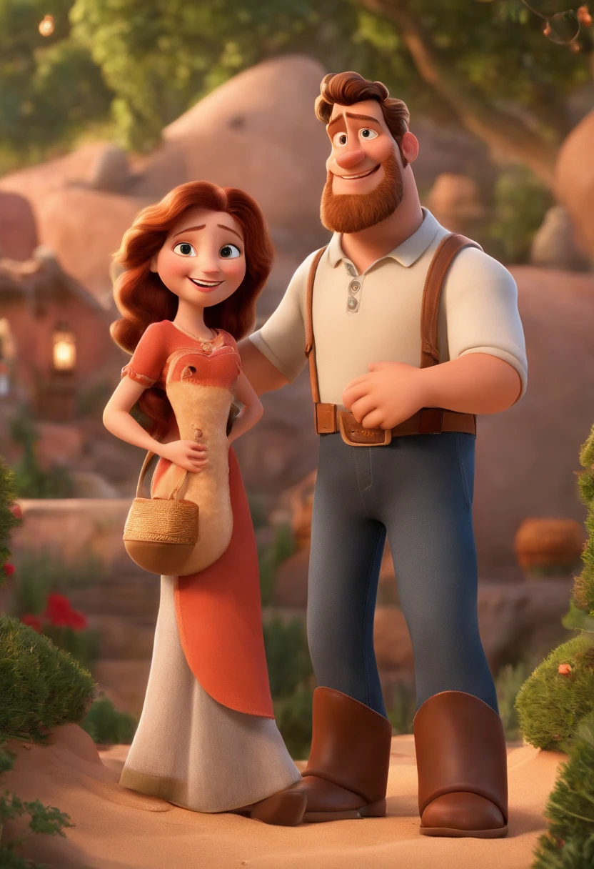 a Disney Pixar movie poster showing a white-skinned family. The father is the tallest, Tem barba curta, loiro, cabelos curtos e espinhosos. The mother has brown eyes and hair, shoulder-length and is slightly overweight. A menina tem 4 anos e cabelos castanhos, roupa rosa e rabos de cavalo. The background is a beach garden. 3D-rendering