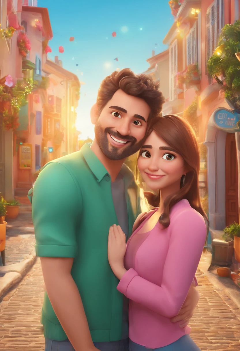 An illustration of an adorable couple, destacando um homem e uma mulher com bonito, Expressive Eyes – An Illustration of an Adorable Couple, destacando um homem e uma mulher nipo japonesa de 36 anos, olhos castanhos, 1,60cm 66kg linda, Olhos expressivos e um homem de 41 anos, olhos verdes, 1,80cm cabelo castanho claro , sentados no banco de um carro, foto do perfil, Casal feliz,i, vacation photo, circunstanciado!, carpool karaoke, imagem do avatar, casal sorridente, taken in the early 2020s . Desenvolva esta arte em Full HD, Focus on your cinematic touch, Estilo Disney Pixar Animations