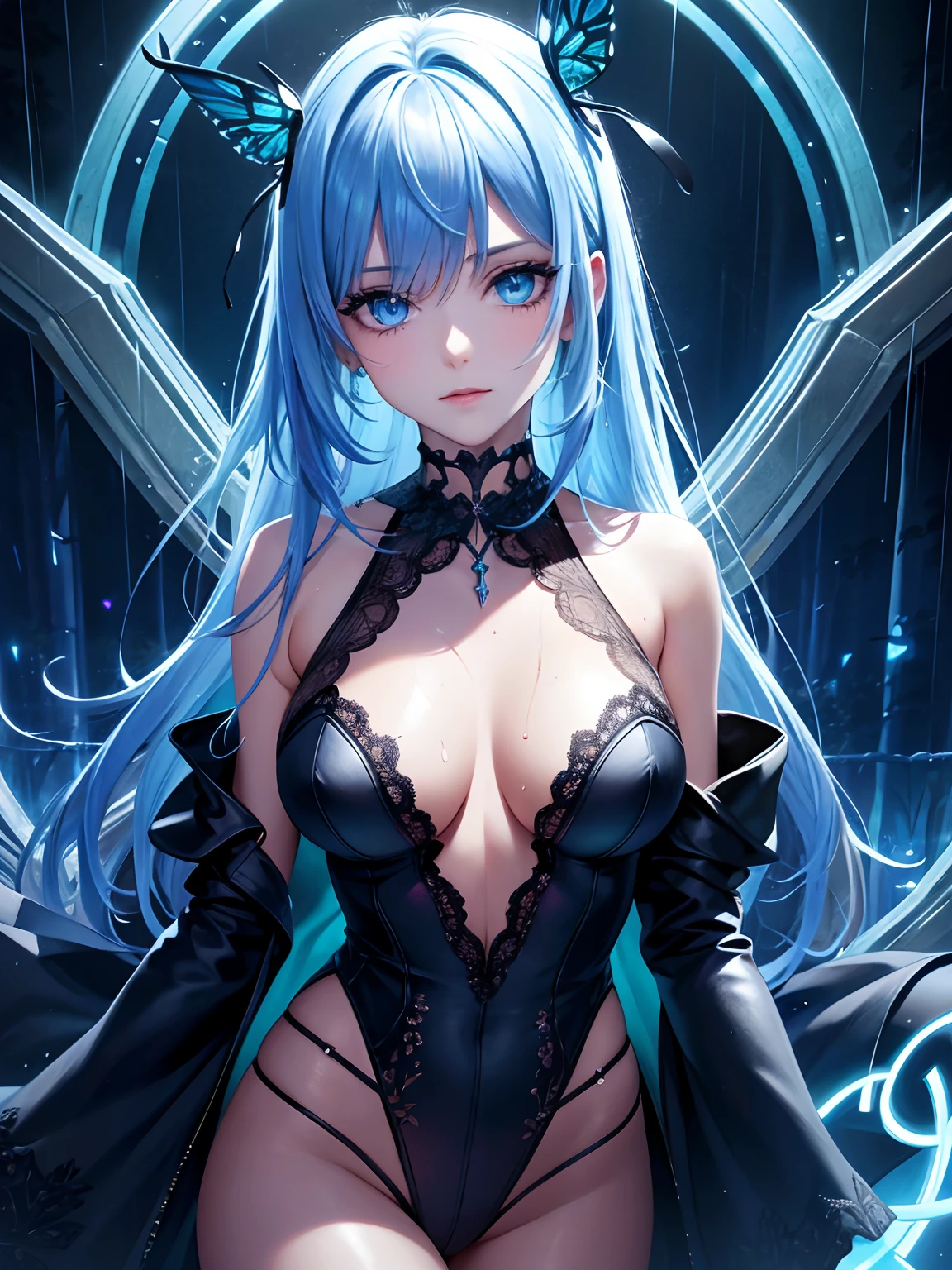 illustration, cinematic light, highres, highest quallity, ultra detailed, detailed face, (detailed eyes), best quality, hyper detailed, masterpiece, (detailed face), clean face, sexy mature woman wears transparent (torn) cloths, floating cloth, see through, choker, open cloths, nsfw, high heels, blue eyes, neon tiny glowing hair ends, dark fantasy forest, glowing plants with neon details, dark magic, (portal:1.15) to the underworld in the background, light reflection, heart shaped iris, playful eyes, open shoulder, rain, (wet body), tiny glowing butterfly, hair jewery