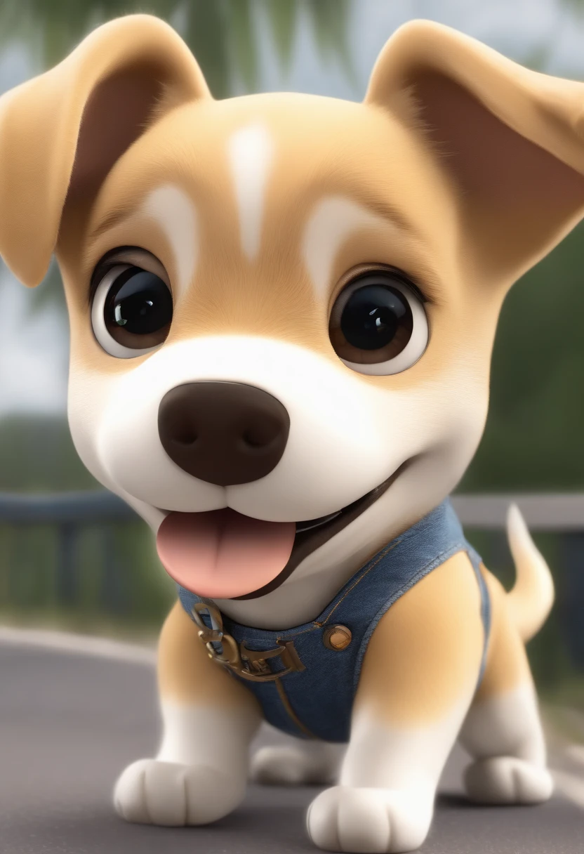 (((Personagem de desenho animado 1.3))),,(((Um cachorrinho fofo super fofo correndo na estrada:1.4))),Usa um colete manchado na parte superior,Denim shorts on the bottom,Naughty Expression,HD Real,olhos negros,Figura voadora,Imagem HD,1/3. deixar em branco,Lentes Nikon SLR,Shoot at medium distance,soft lighting,tmasterpiece