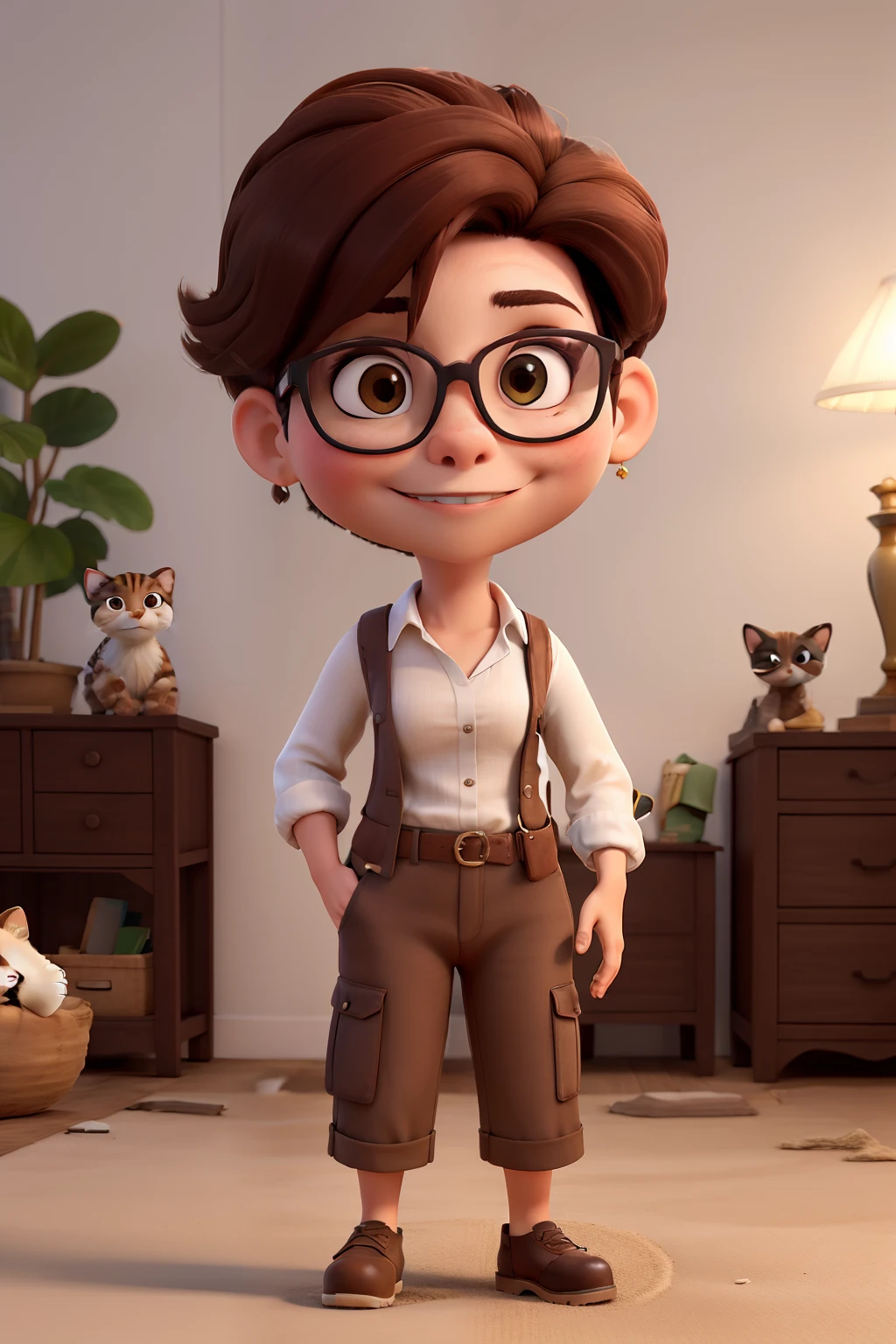 Obra-prima, de melhor qualidade, A woman with glasses with short brown hair, com um gatinho