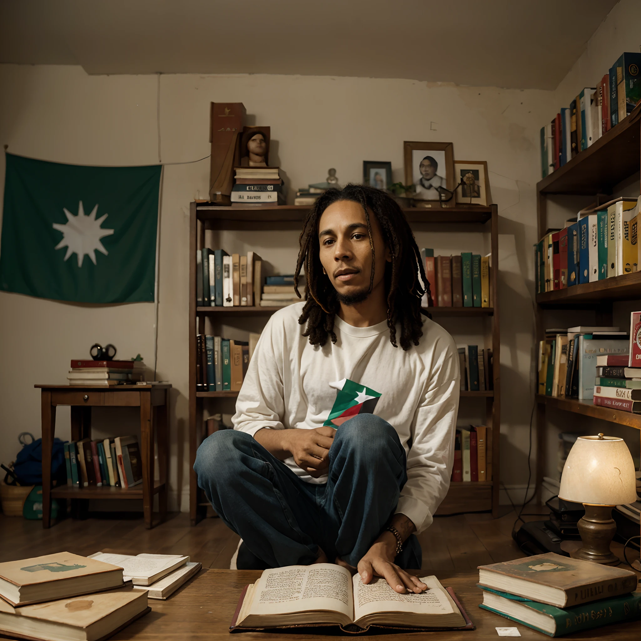 BOB MARLEY IS SITTING IN A ROOM FULL OF BOOKS, WHILE HOLDING THE PALESTINIAN FLAG