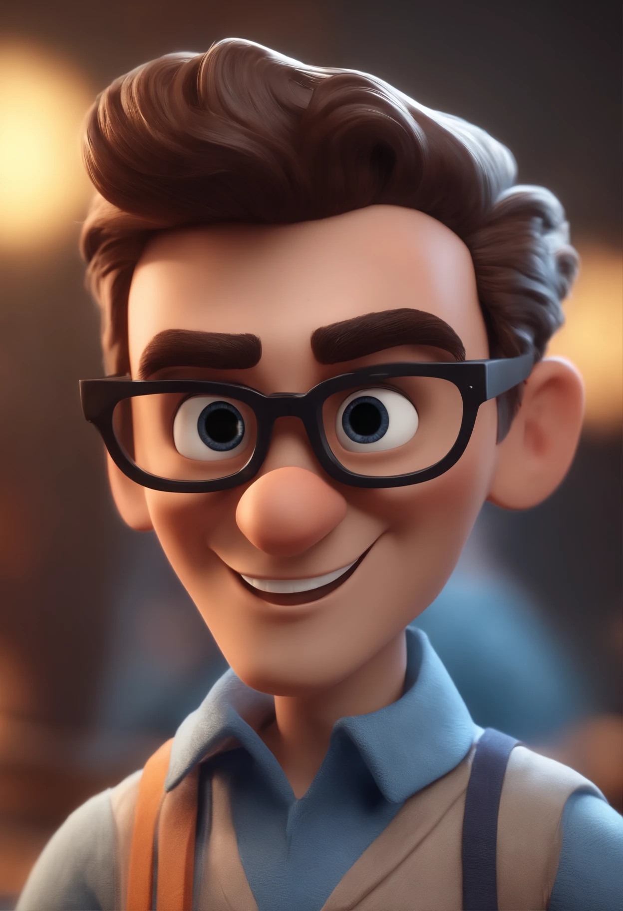 Cartoon character of a man with black glasses and a blue shirt, animation character, Caractere estilizado, animation style rendering, 3D estilizado, Arnold Maya render, 3 d render stylized, toon render keyshot, Personagem 3D, Personagem 3D, 3d rendering stylized, 3 d character render, personagem de desenho animado, Personagem de close up, Pose de personagem,  (Estilo Pixar) (master part:1.2) (Bokeh) (best quality) (pele detalhada) (textura detalhada) (8k) (argila) (Cinematic lighting) (foco nítido