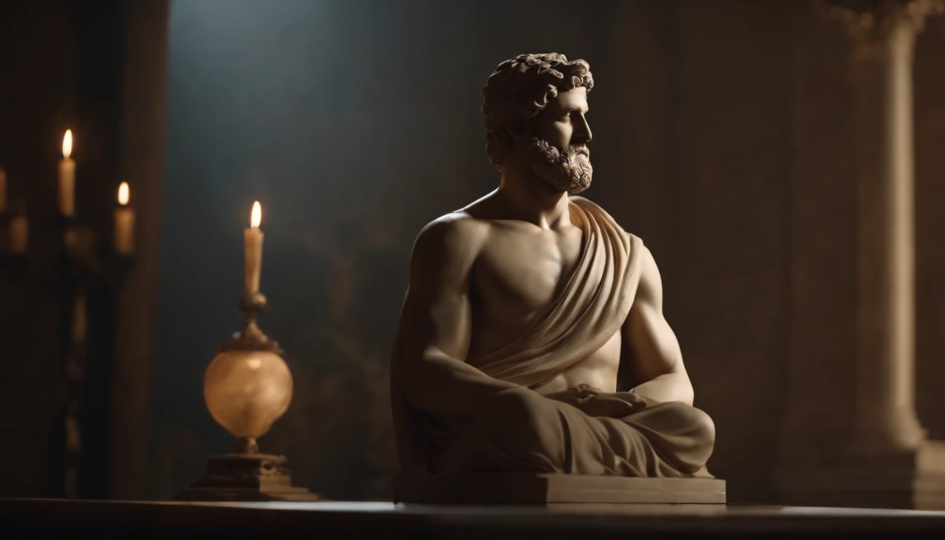 Statue of the Stoic, homem grego musculoso, corpo perfeito detalhado, De frente para o horizonte, Inside a Greek salon, Beautiful and artistic, atencioso, imponente, Serious and elegant, ultra realistic, cinemactic, 8k, smoke background, fundo escuro