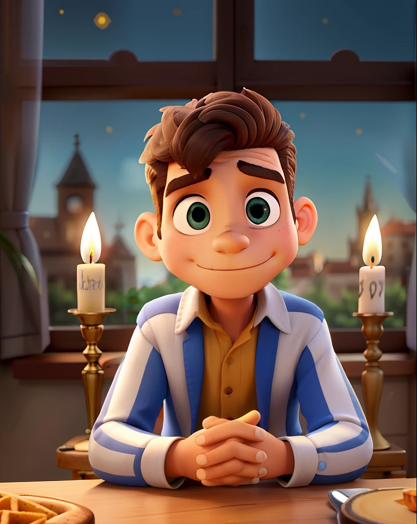 Um homem vestindo um terno como o do Jack skellington, veste uma capa de bruxo prata, Next to it is a small round table with a golden candlestick and in the background a window, cortinas cor de vinho, poses while looking at the camera sideways, cabelos pretos, rosto sem barba, rosto magro, In his hand a dark Zul umbrella, The sky that appears in the window is dark and starry