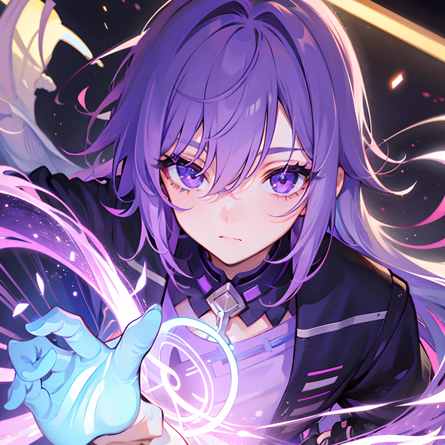(best quality,ultra-detailed,realistic:1.37),video game character, purple color palette,gaming headset,magic effects,glowing eyes,action pose,studio lighting,tense atmosphere,vibrant colors,abstract background,electric sparks,futuristic style,tech accessories,1character.