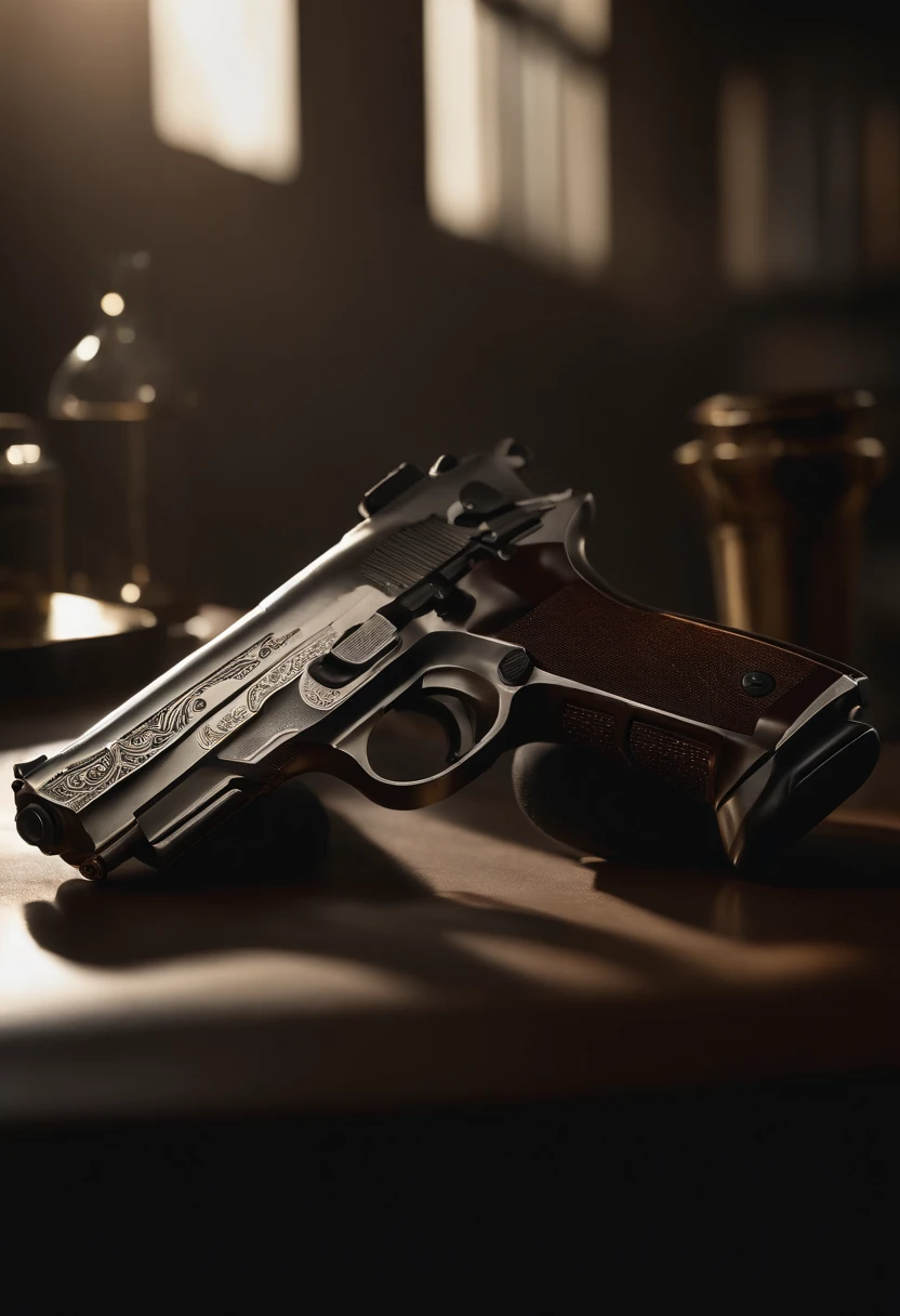 (best quality,4k,8k,highres,masterpiece:1.2),ultra-detailed,(realistic,photorealistic,photo-realistic:1.37),close-up of a gun on a desk, capturing every intricate detail,metallic finish,precision engineering,shiny surface,meticulous craftmanship,reflections and highlights,professional studio lighting,fine engravings,smooth contours,highly polished barrel,delicate trigger mechanism,intricate design,exquisite gun handle,subtle textures,glistening metal accents,impeccable muzzle symmetry,vivid colors,dramatic lighting,deep shadows,contrasting tones,sharp focus,unrivalled clarity,Mid-century style,monochromatic composition,artistic chiaroscuro lighting,moody atmosphere